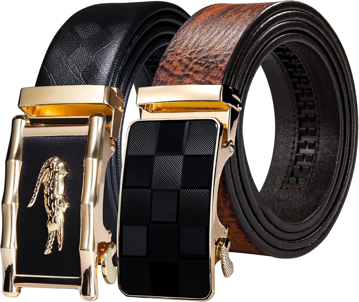 Barry.Wang Mens Ratchet Belt 2 Pack Buckle Gift Set Dress Belts Leather Slide Strap Automatic 1 3/8" Wedding Business