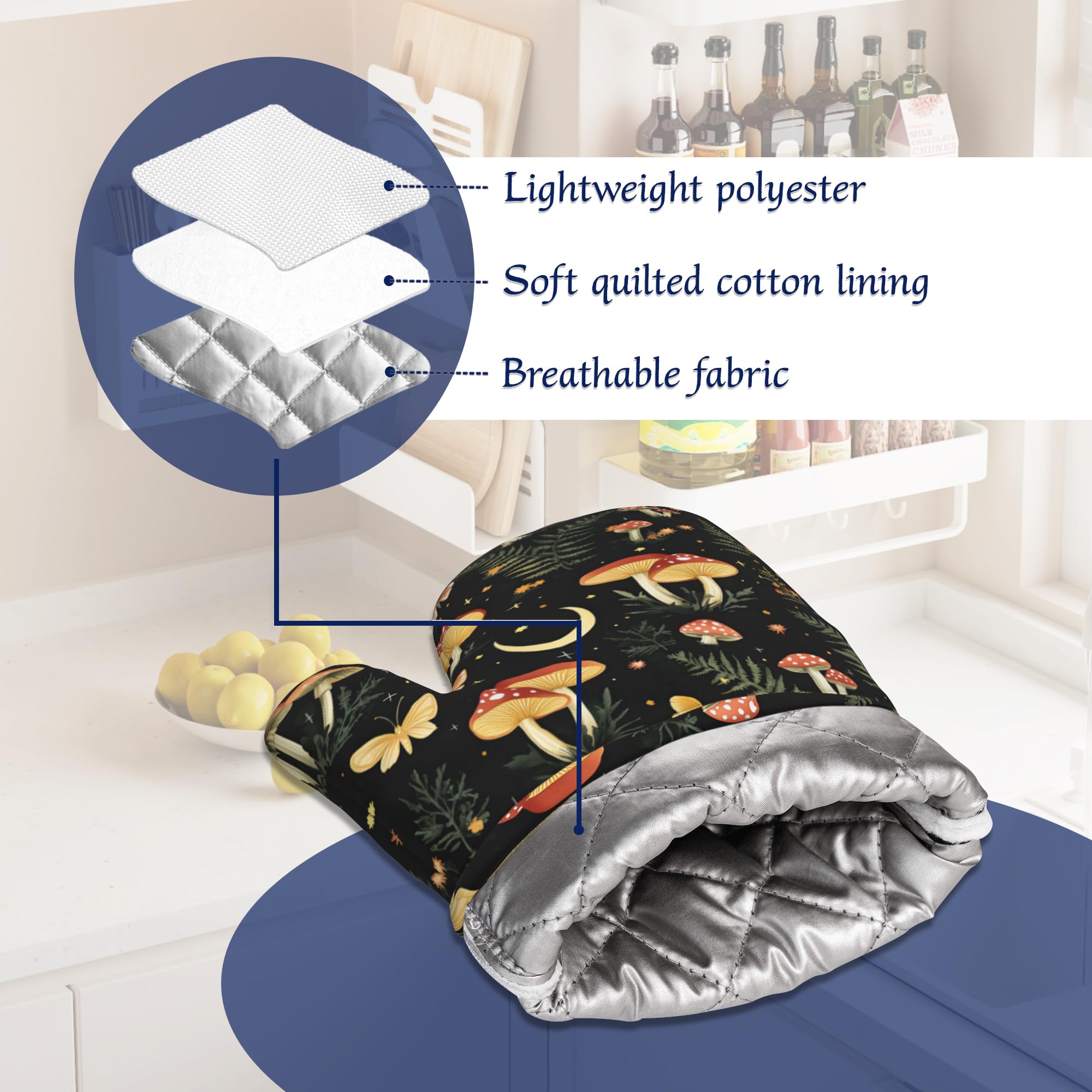 Boho Pilze Ofenhandschuhe und Topflappen Sets von 4 Wildblumen Schmetterling Hitzebeständige Silikon Ofenhandschuhe Handschuhe Rutschfeste Küchenhandschuhe Topflappen zum Kochen Backen Grillen BBQ