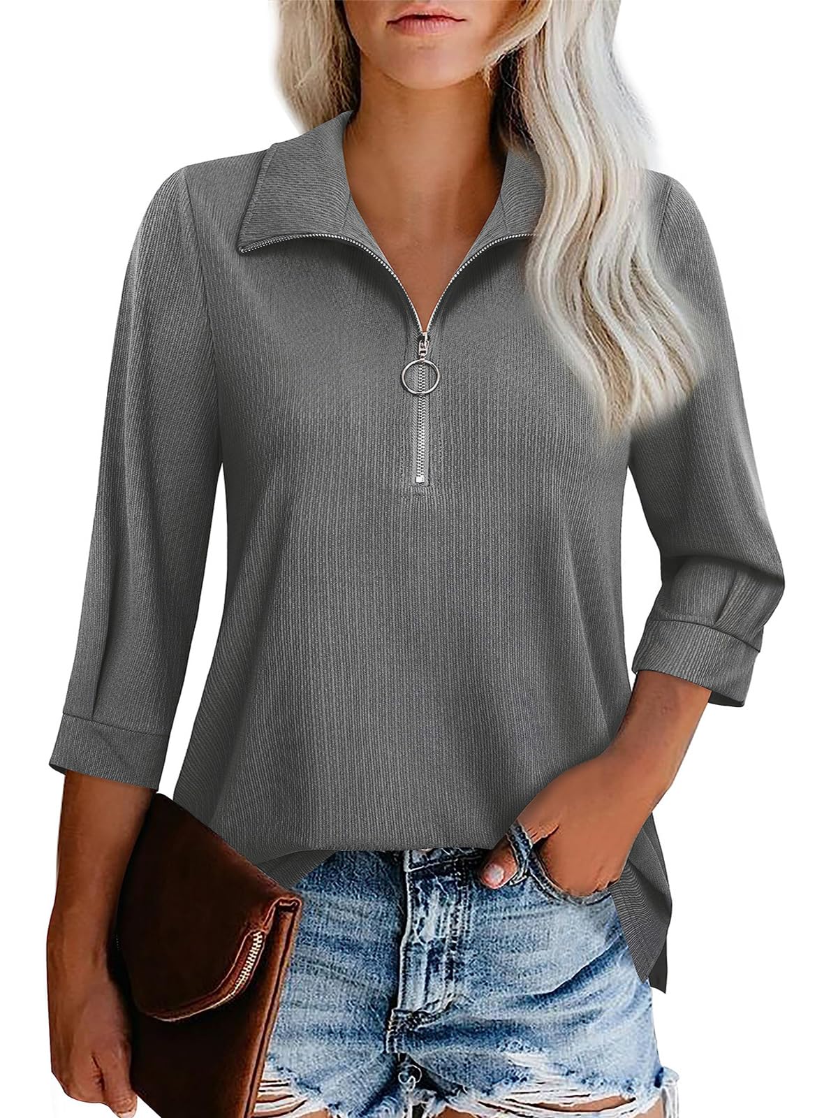 GEMLON3/4 Length Sleeve Womens Tops V Neck Dressy Blouses Casual Tops Zipper Collar Polo Shirts