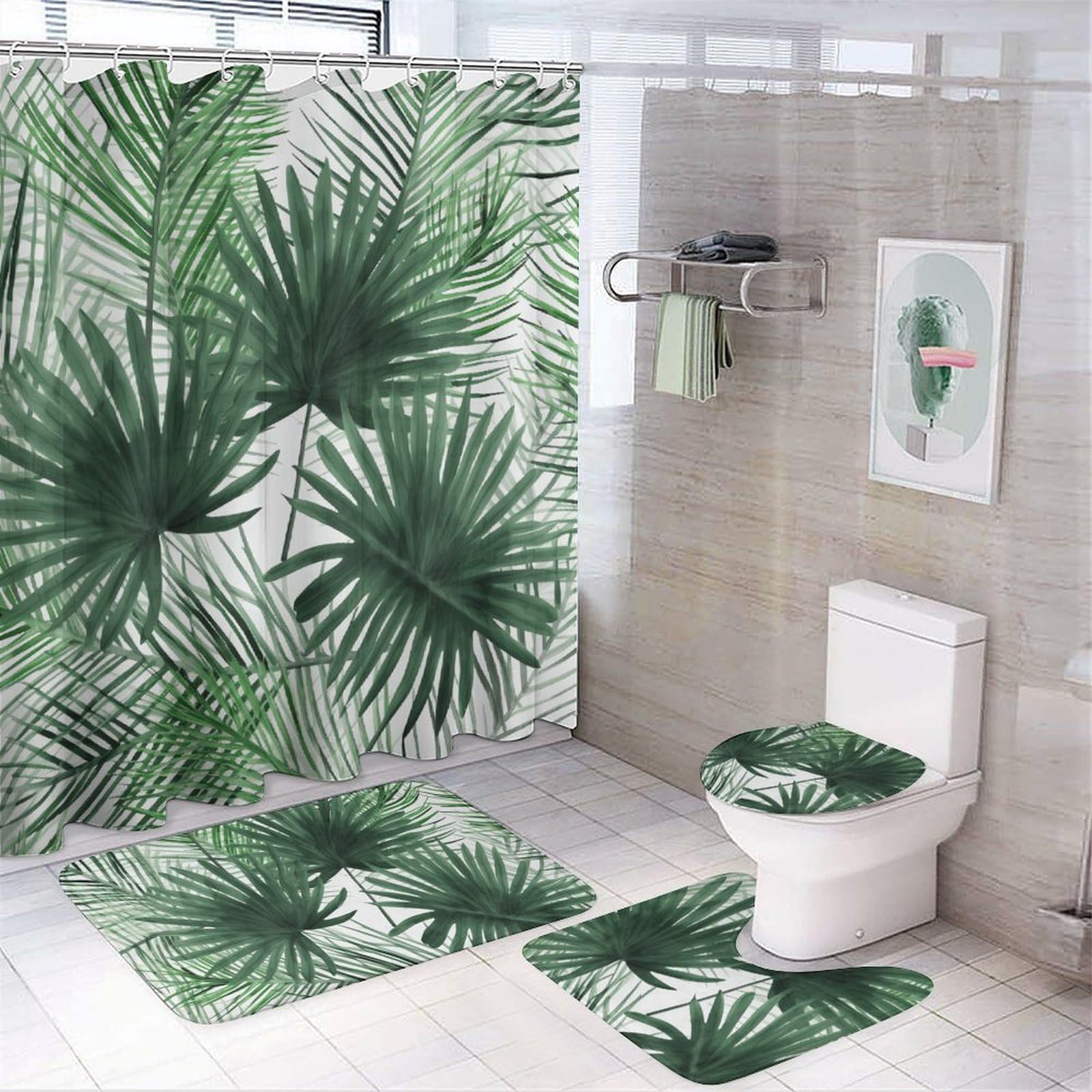 Ensemble salle de bain 4 pièces avec rideau de douche feuille palmier