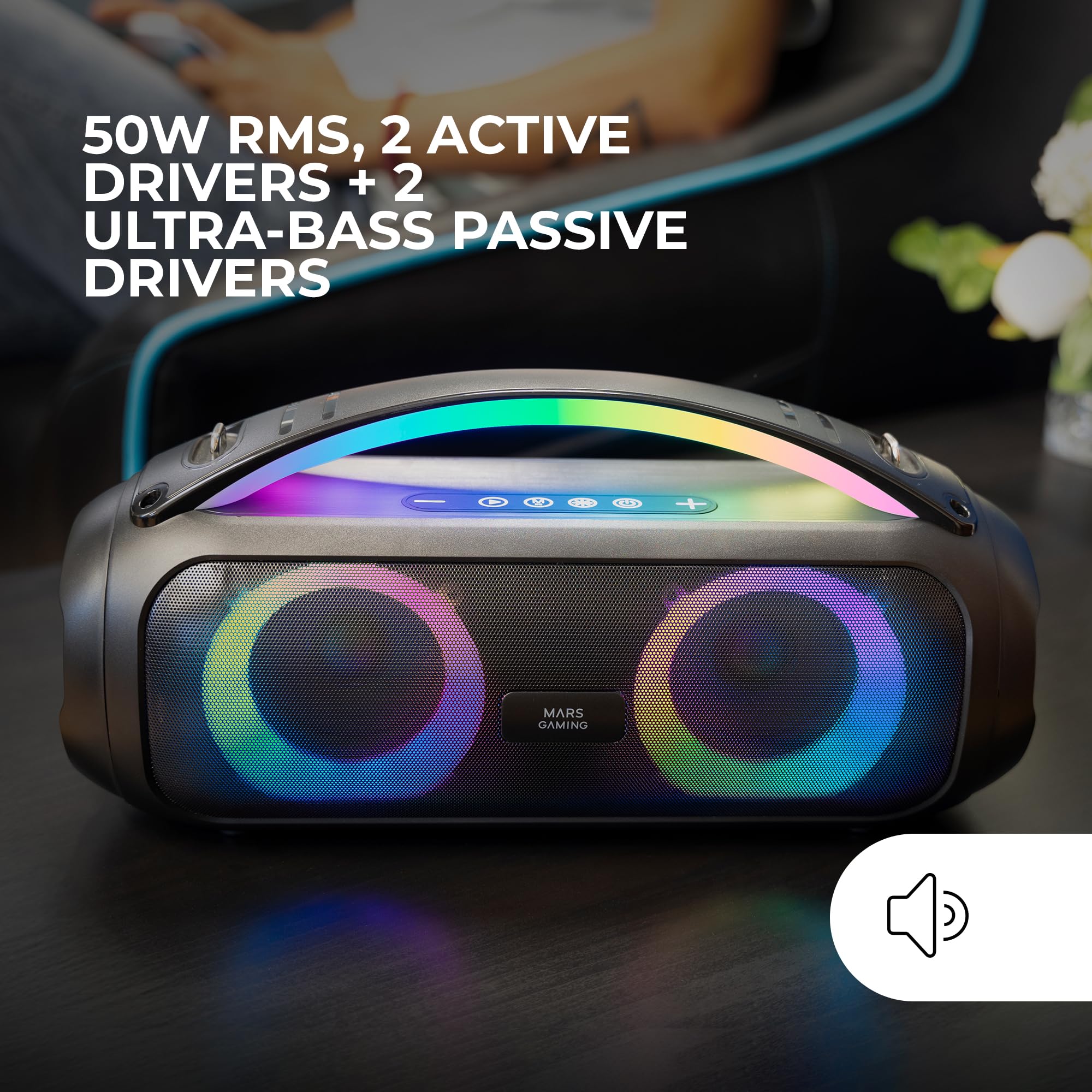 Mars Gaming MS-Pulse, Altavoz Bluetooth Portátil 50W RMS, Iluminación RGB, 2 Drivers Activos 93mm + 2 Drivers Pasivos Ultra-Bass, Función Manos Libres, USB/MicroSD/AUX/FM, Asa y Correa, Negro