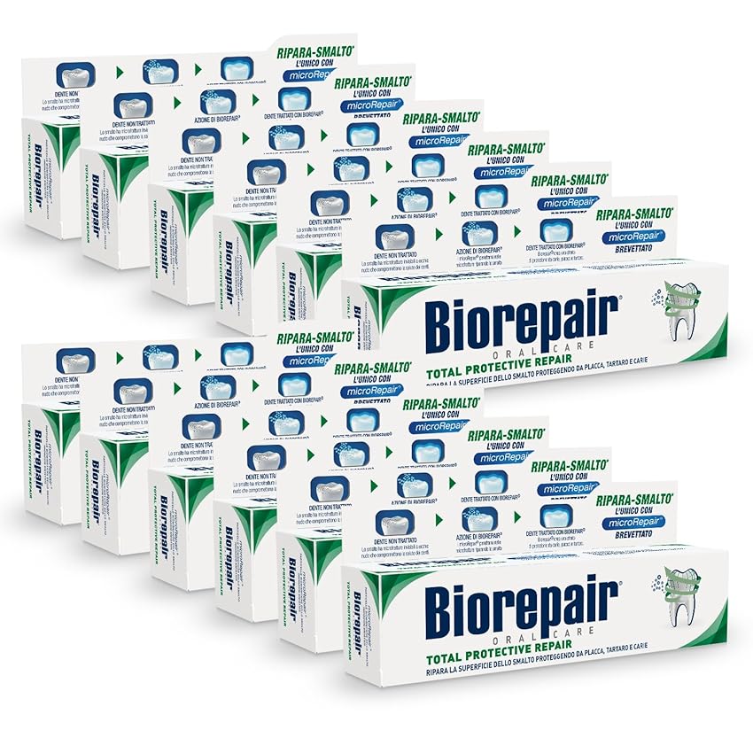 Biorepair, Dentifricio Total Protective Repair, 12 Confezioni da 60 ml, Ripara lo Smalto, Protegge da Placca, Tartaro e Carie, Ripara lo Smalto, Mantiene l'Alito Fresco, Dentifricio Senza Fluoro