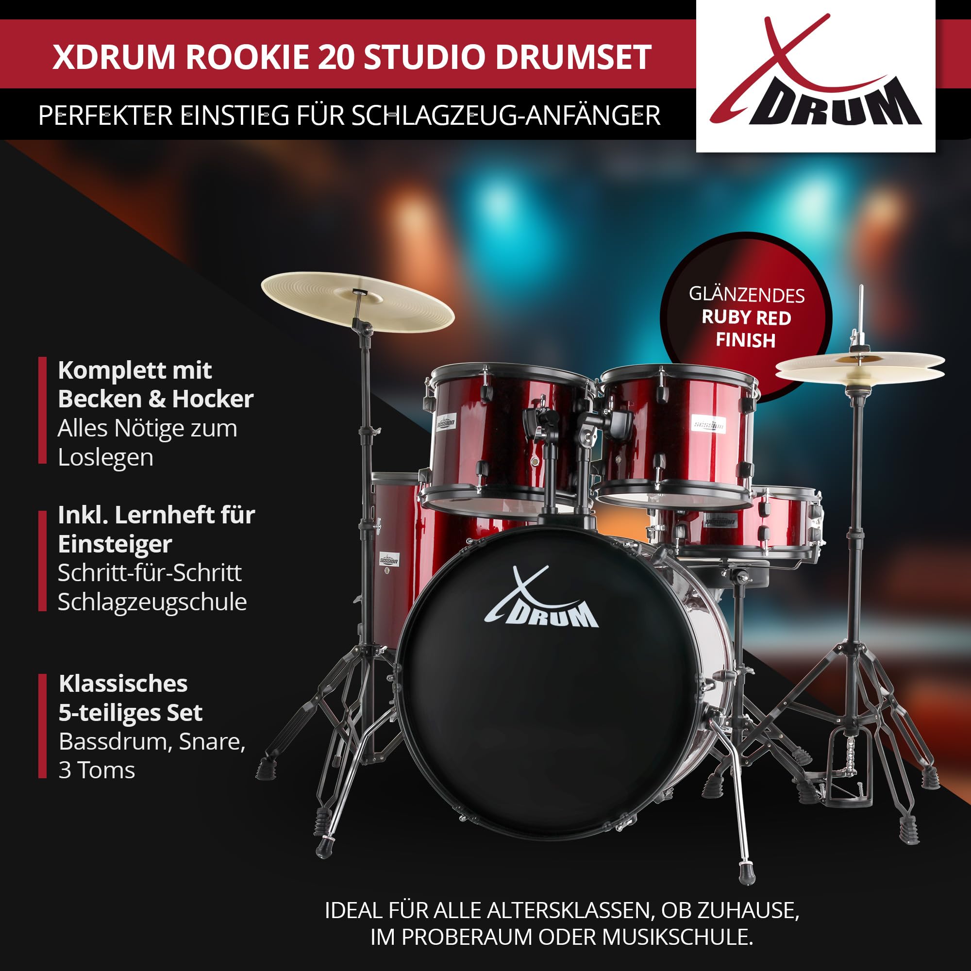 XDrum Rookie Schlagzeug Set Drumset Rot (20" BD, 10", 12", 14" TT, 14" SD, Übungsbecken bestehend aus einem Satz Hi-Hat-Becken 14" und 1 Crash-Ride-Becken 16", inkl. Schule und Schlagzeugdämpferset)