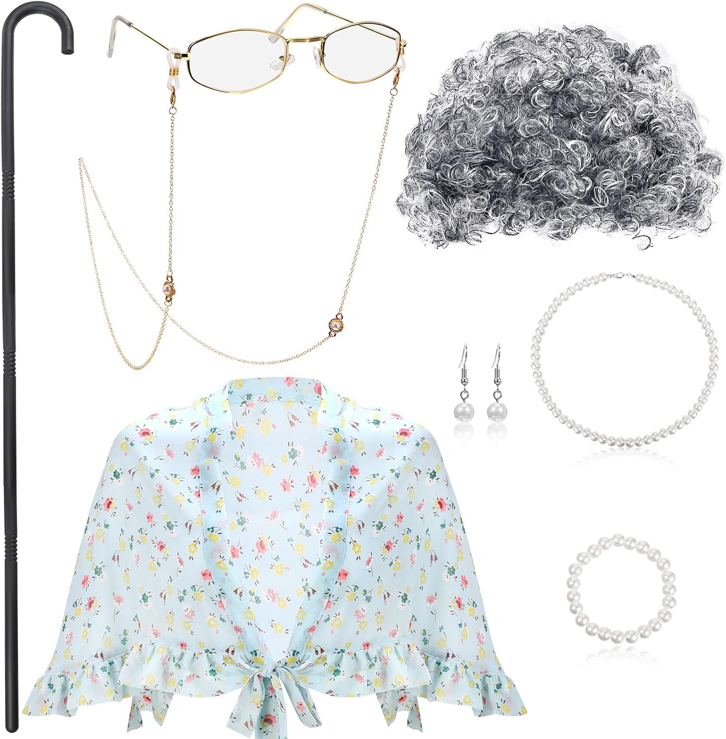 BBTO Old Lady Costume Granny Wig Grandma Shawl Grandma Cane Frame Glasses with Chain Faux Pearl Necklace Bracelet Earrings Fresh, Curly Hair