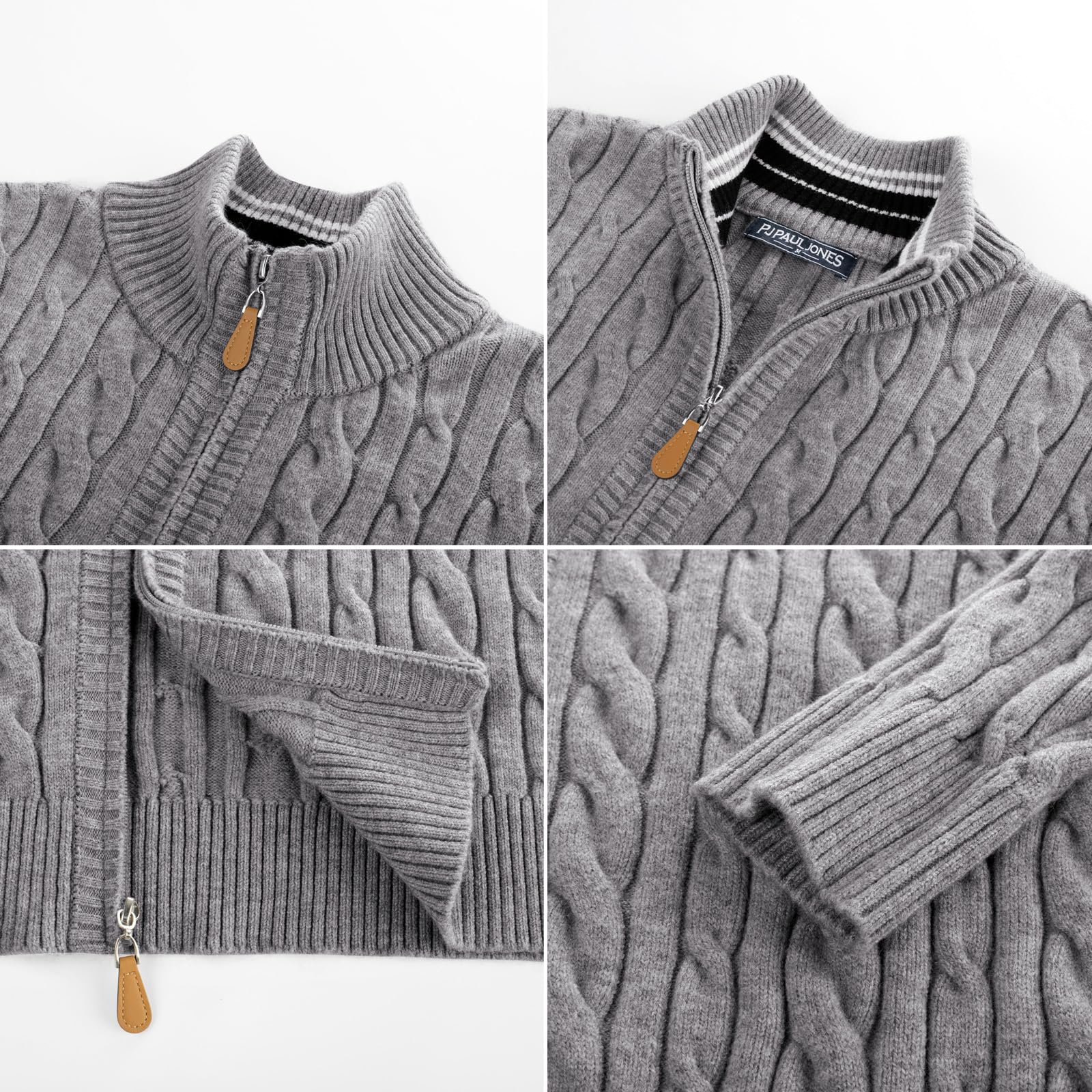 PJ PAUL JONES Cardigan da uomo con chiusura lampo, colletto alto, motivo a treccia
