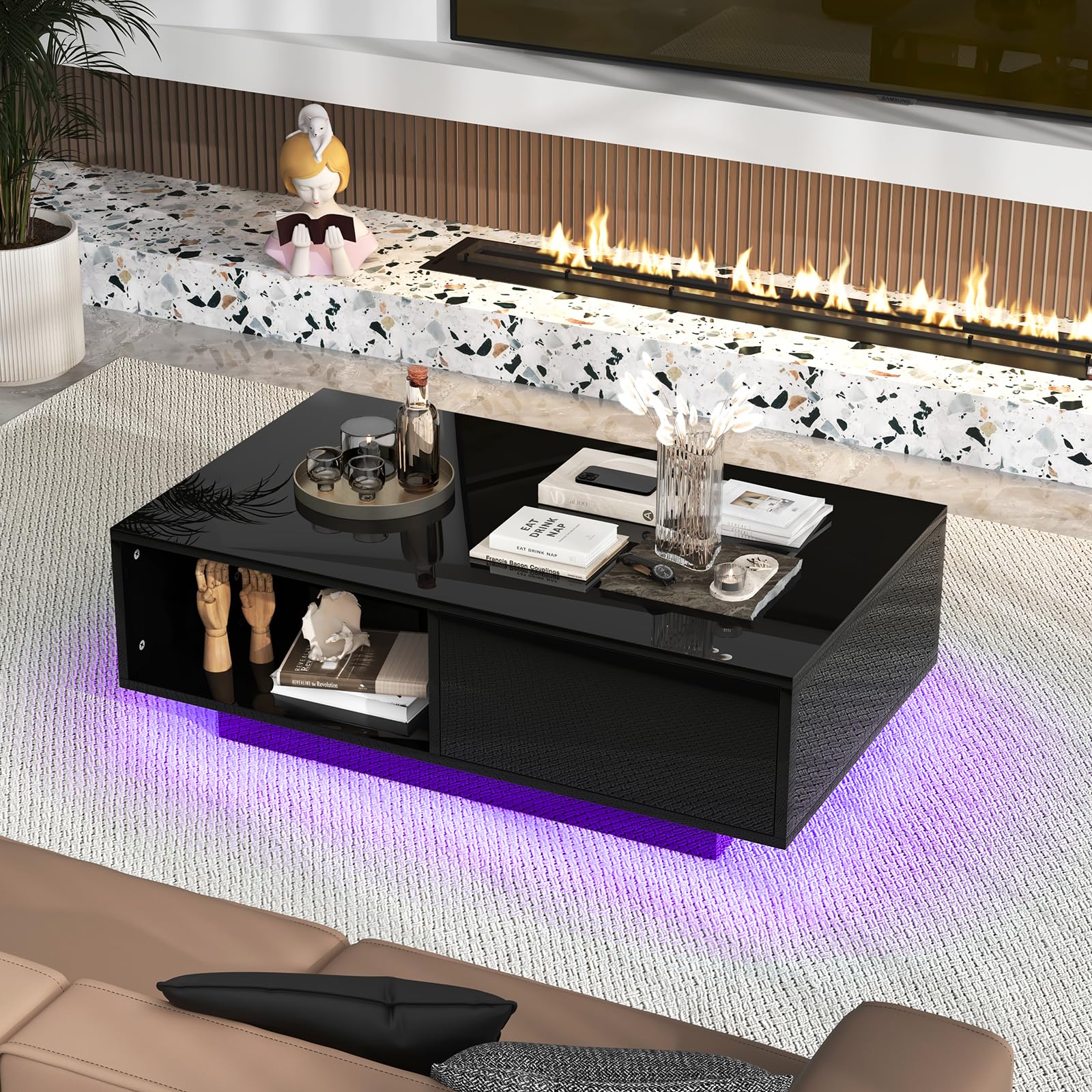 COSTWAY Tavolino da Salotto in Legno, Tavolino Moderno e Rettangolare con 20 Colori di Luci a LED, Telecomando, Cassetto e Ripiano Aperto, Tavolino per Studio e Ufficio (Nero)