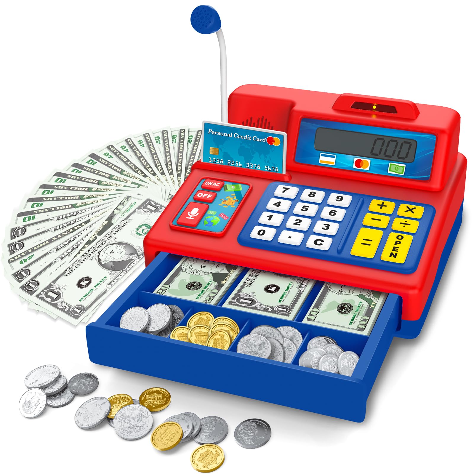 Calculator Cash Register Toy Gift for Kids Age 3, 4, 5, 6, 7, 8+ Year Old, 73 Pcs Grocery Store Playset with Microphone, Credit Card, Cash Register for Toddlers Kids 4-8