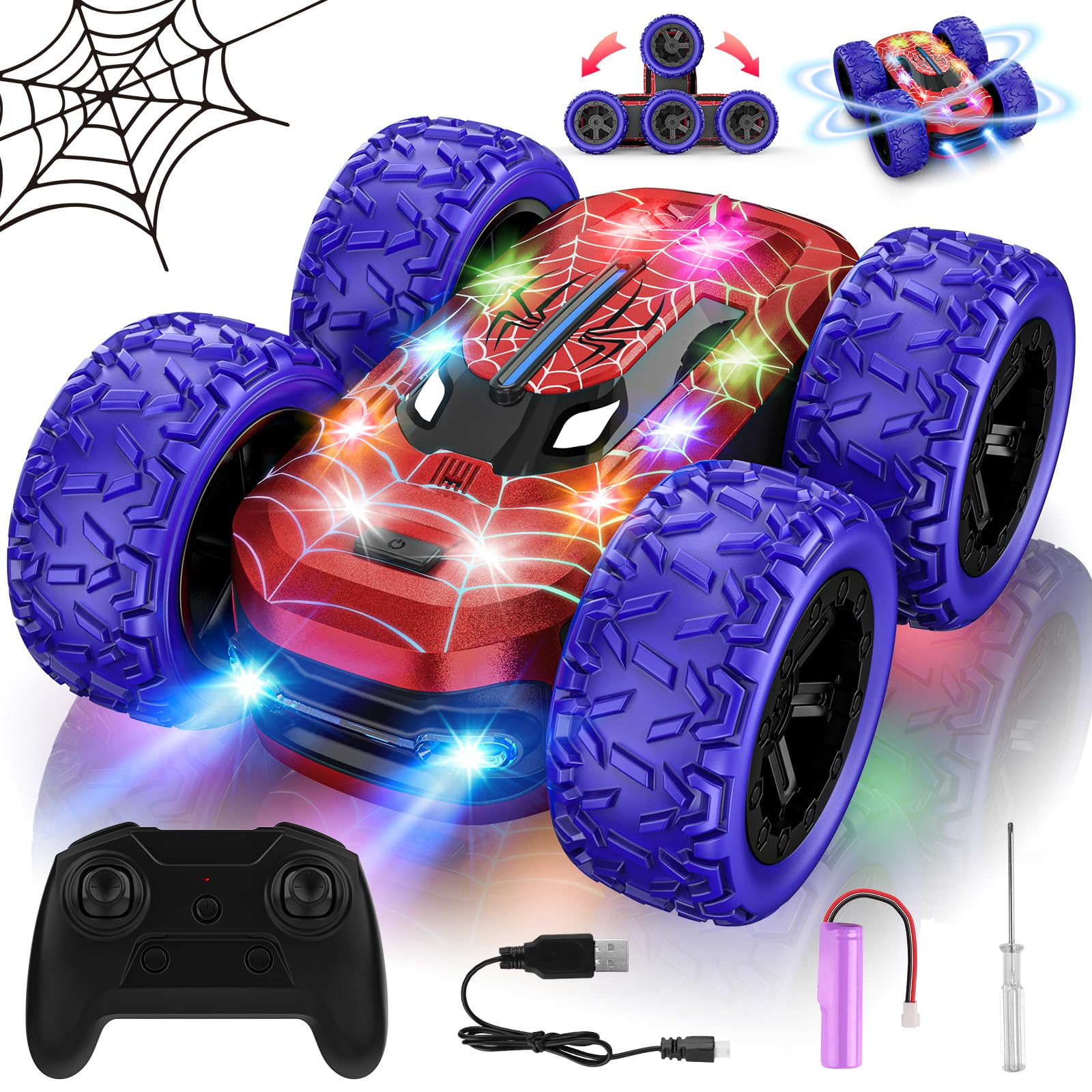 Macchina Telecomandata per Bambini 4 5 6 7 8 9 Anni, 4x4 RC Auto Radiocomandata con Luci Giochi da Giardino Esterno Interno, 360 Flip Doppio Monster Truck Spider Giocattolo Regalo Compleanno Natale