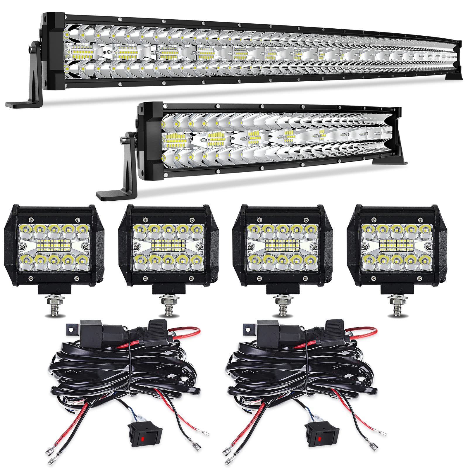 Led Light Bar Kits,EDITOP 52 Inch 1122W+22 Inch 450W Curved Triple Row Spot Flood Combo Beam Light Bars+4Pcs 4Inch 60W Led Fog Lights W/Rocker Switch Wiring Harness for Jeep Trucks ATV UTV Boats