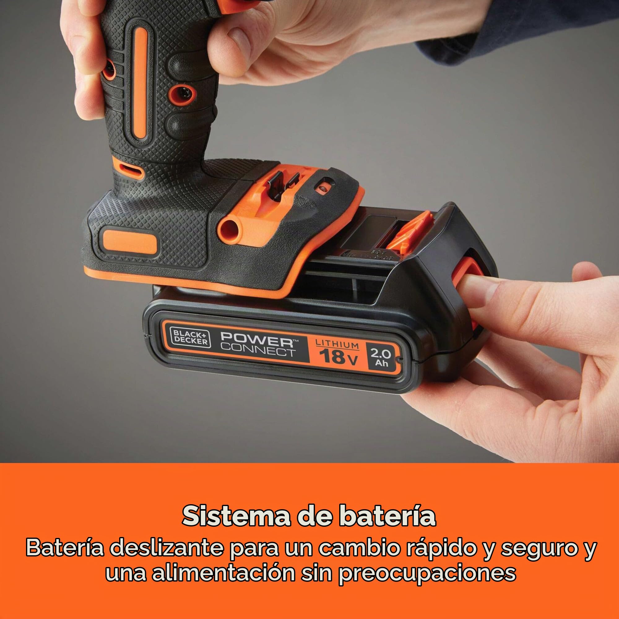 BLACK+DECKER Taladro de percusión 18V, 2 baterías 2Ah, cargador 400mA, 100 accesorios, maletín, BDCHD18D2AB-QW
