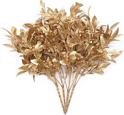 Plantas falsas ramo dorado adornos de Navidad, flores artificiales de PASYOU arbustos de plástico, hojas de hierba, interiores y exteriores, hogar,