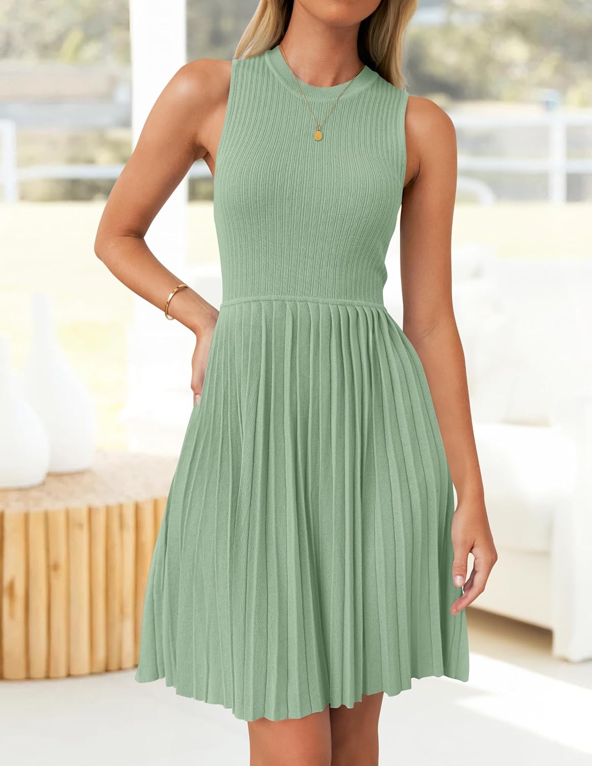 ZESICA Women's Summer Sleeveless Mini Dress 2026 Crewneck A Line Knit Pleated Swing Business Casual Work Party Short Dresses - Image 8