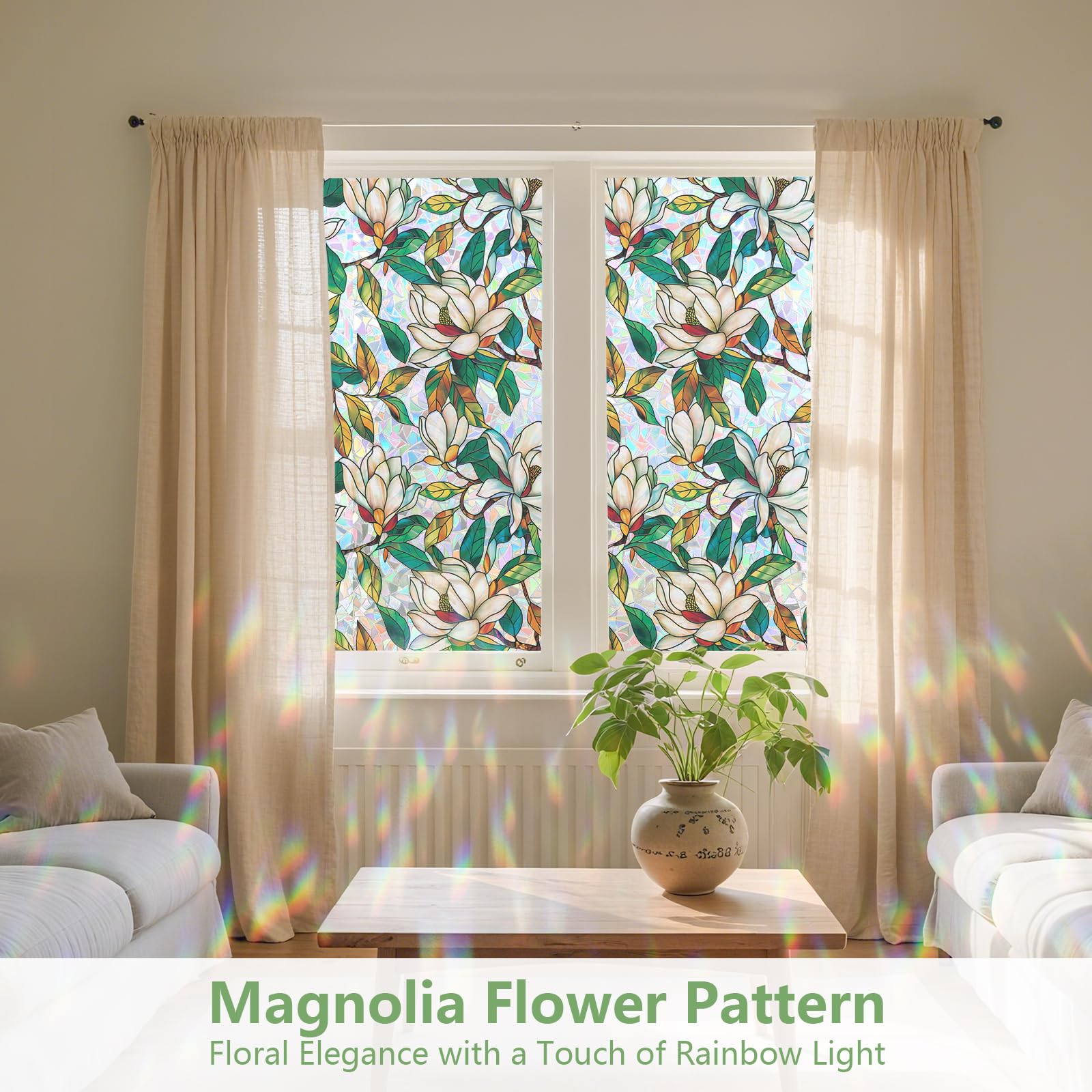 KROMAPOLIS Fensterfolie Blickdicht Fensterfolie Bunt Selbsthaftend, Sichtschutzfolie Fenster, 3D Regenbogen Folie Fenster Sichtschutz Anti UV Statisch Haftend Window Film Weiß Magnolie - 90x400cm