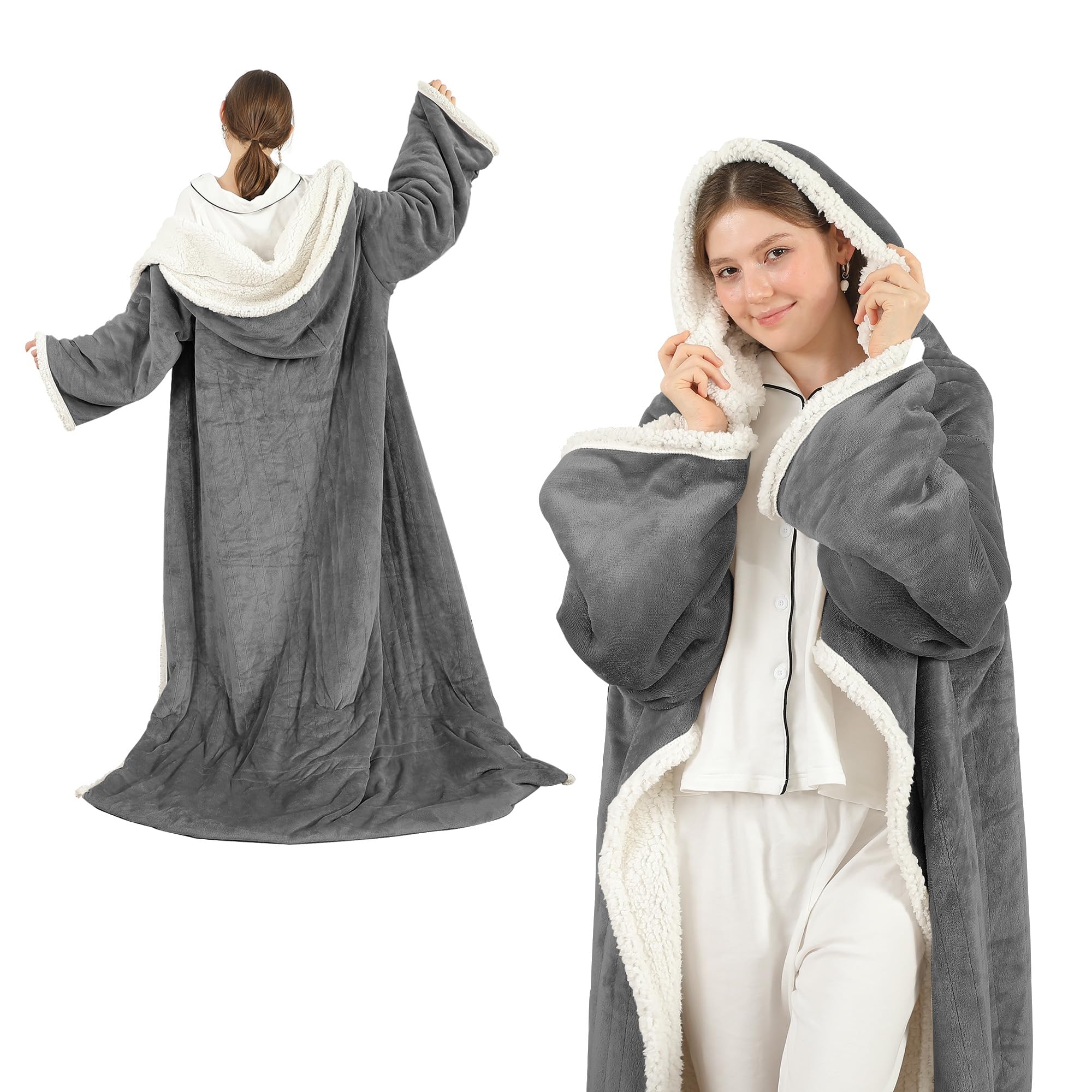 Photo 1 of COZYTY Wearable Heated Blanket with Foot Pocket & Hood, Electric Snuggle Blankets with Sleeves, 6 Heating Levels & 1-4H Auto Shut-Off, Machine Washable, Housewarming & Gift, 50 * 70"+16", Dark Gray
