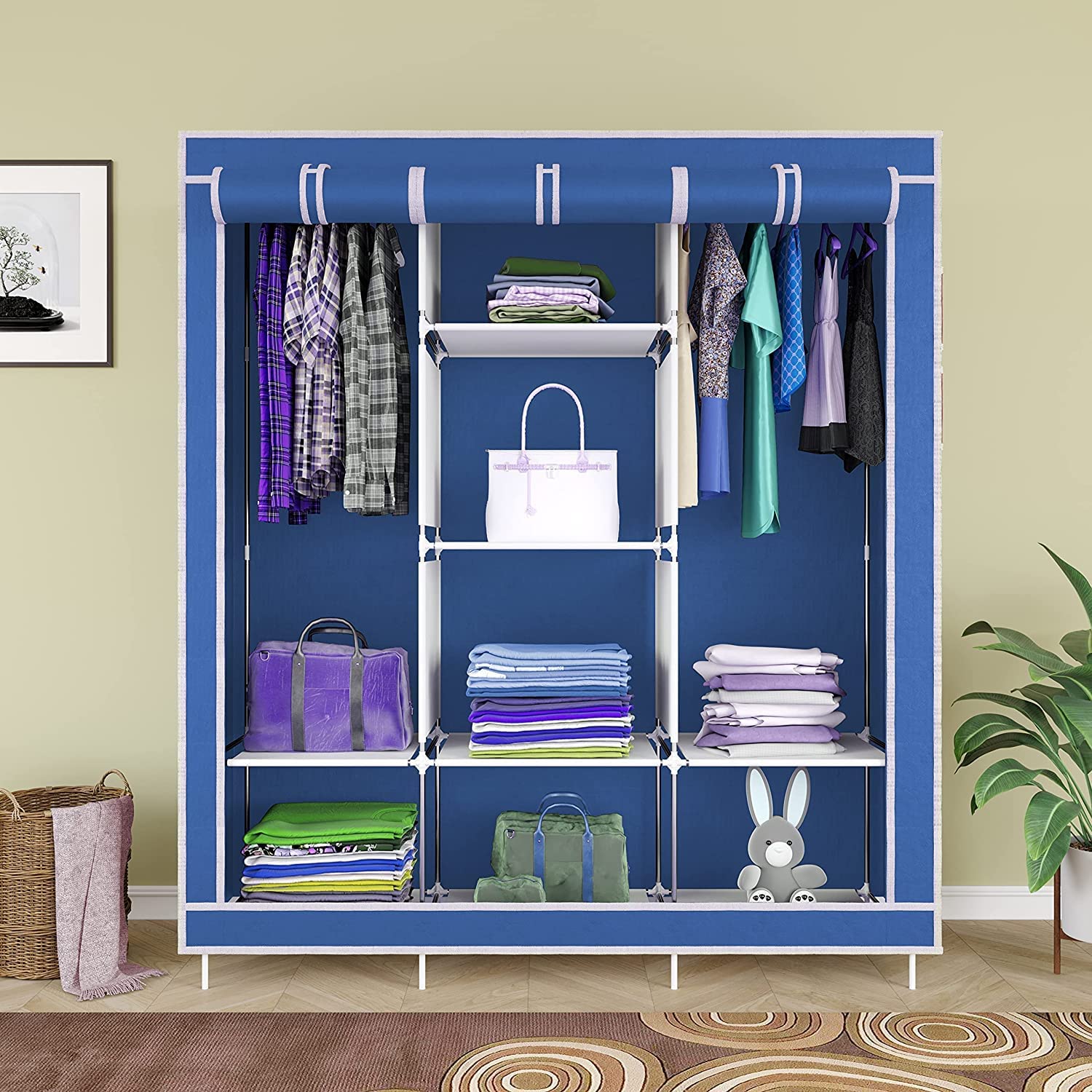 Eco Shopee SHOPPING SIMPLIFIED 88130 Blue with Pocket, 6+2 Fancy Layer Collapsible Wardrobe Portable Foldable for Clothes Racks, Steel Tube and PP Plastic. (‎126 x 42.5 x 166 cm)