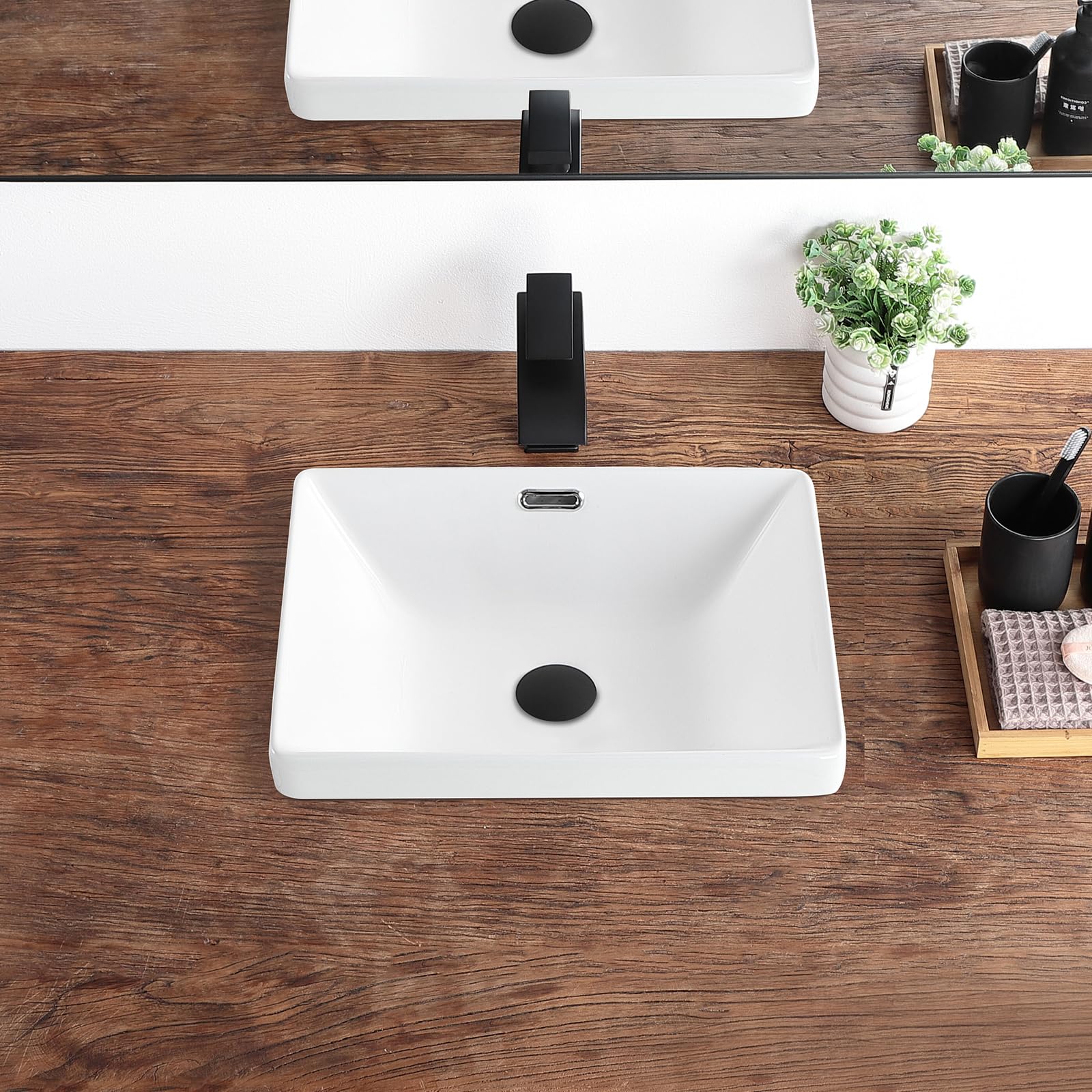 Fregadero de baño de 16.7 x 12.6 pulgadas, semi empotrado, fregaderos de baño rectangulares con desbordamiento de cerámica blanca para baño, fregadero moderno sobre mostrador 4