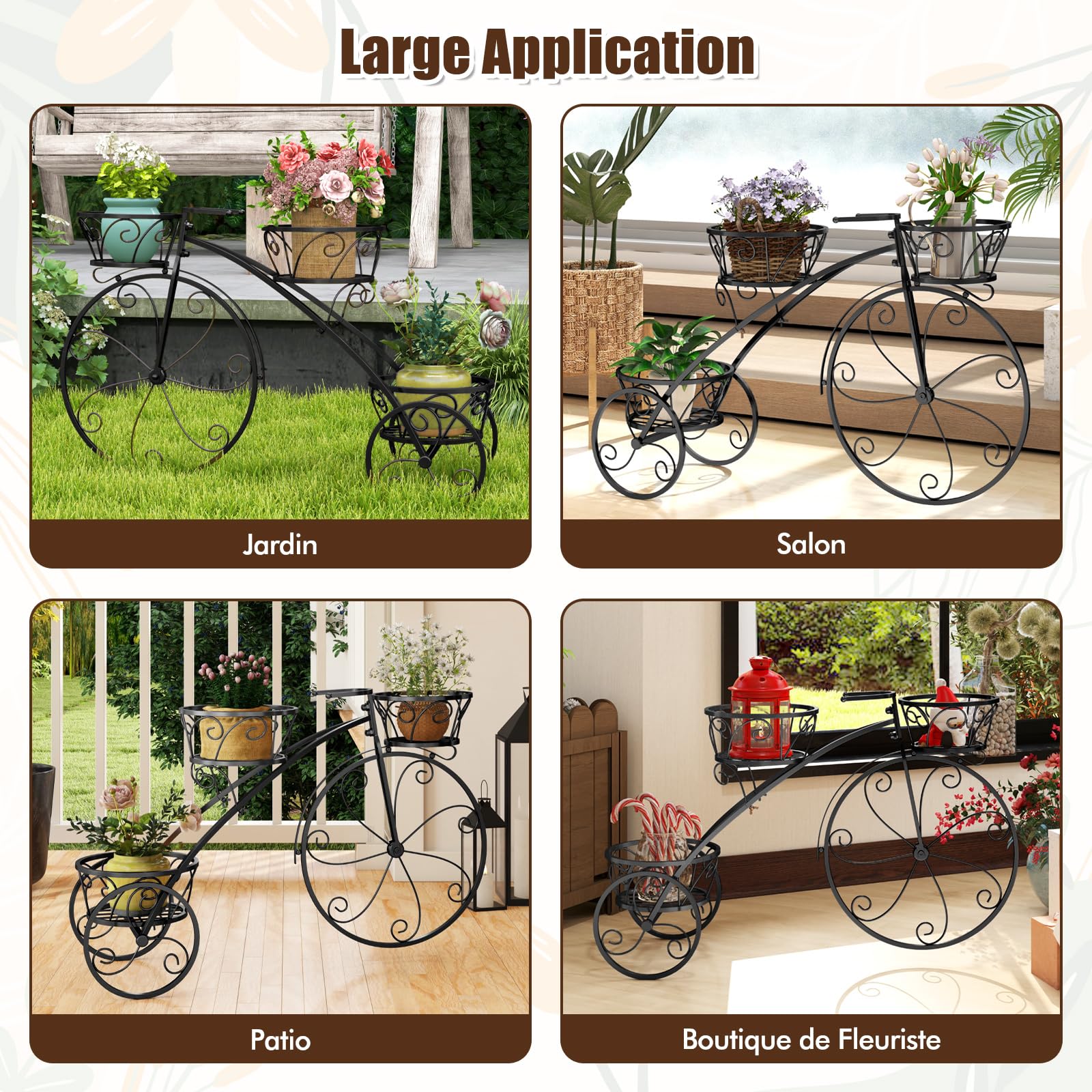 COSTWAY Support pour Plantes Tricycle, Porte-Pot de Fleurs en Métal à 3 Niveaux avec 3 Panier Découpés et Roues Élégantes Style Parisien, pour Patio Jardin Balcon (Noir)