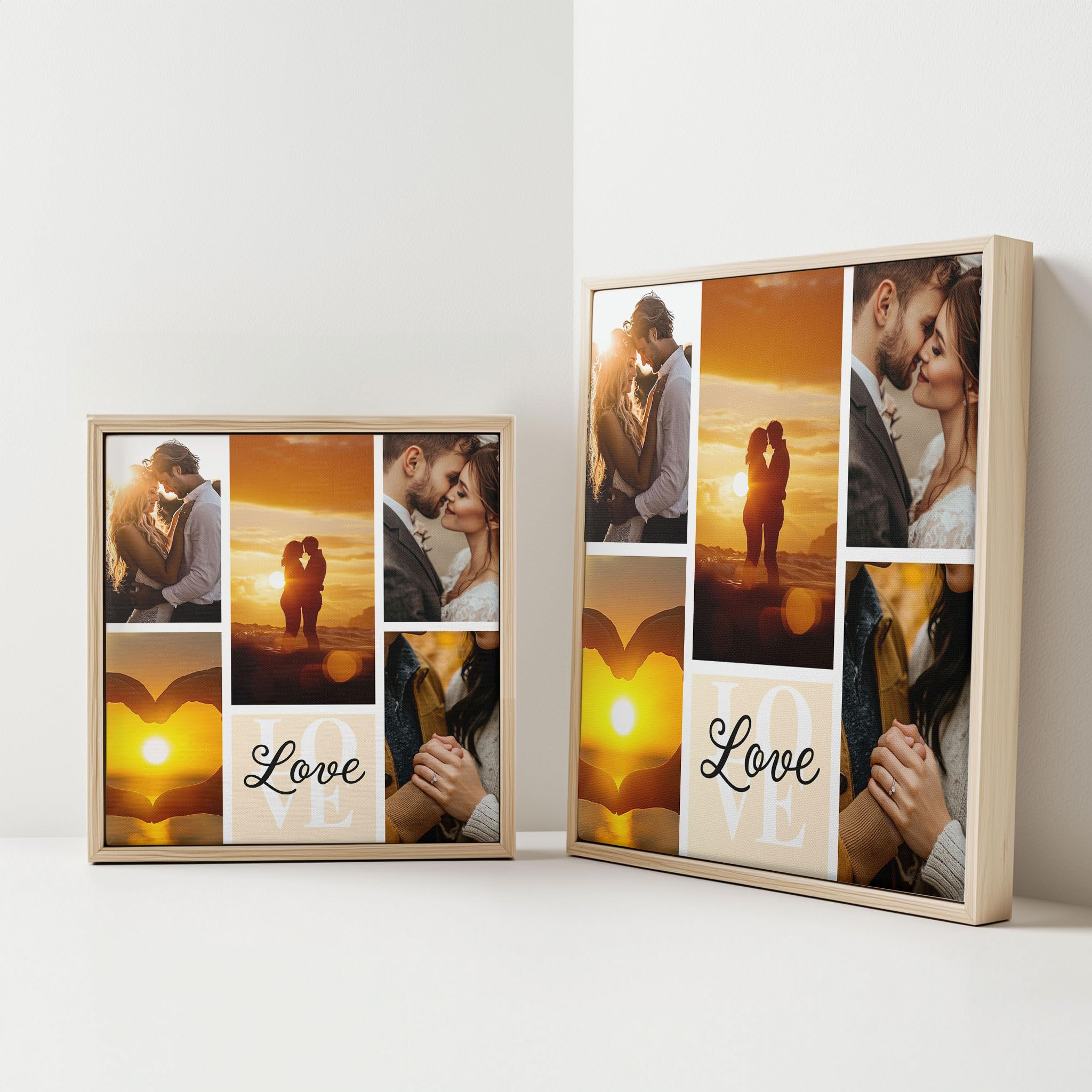 ConKrea - Quadro Personalizzato “Love Moments” 50x50 cm con Cornice Rovere Chiaro - Stampa su Tela con Foto Multiple - Idea Romantica per Coppia o Sposi