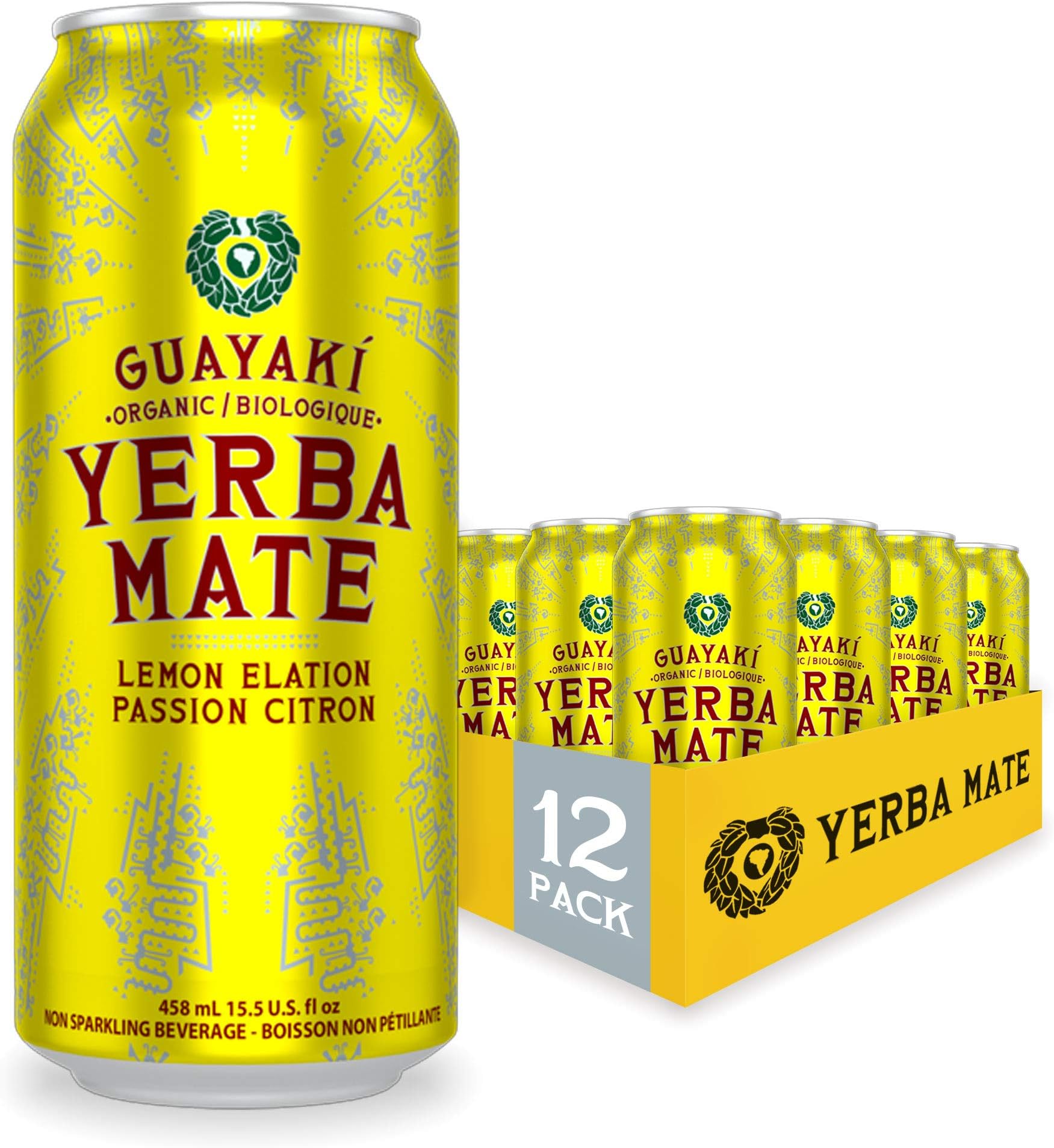 Yerba Mate, Organic Drink, Lemon Elation, 15.5 Ounce Cans (Pack of 12), 150mg Caffeine, Alternative to Coffee, Tea and Energy Drinks