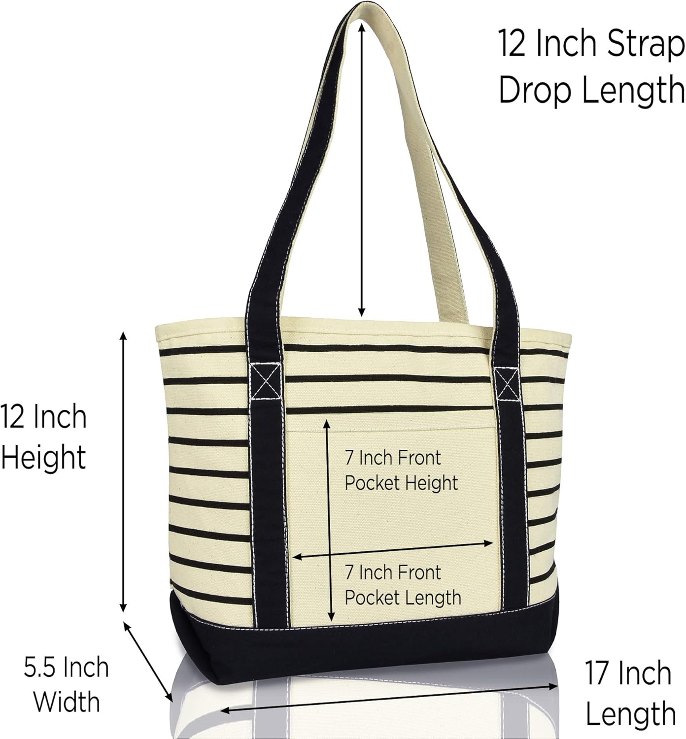 DALIX Small Stripe Tote Deluxe Shoulder Bag Cotton Canvas in Black - Image 3