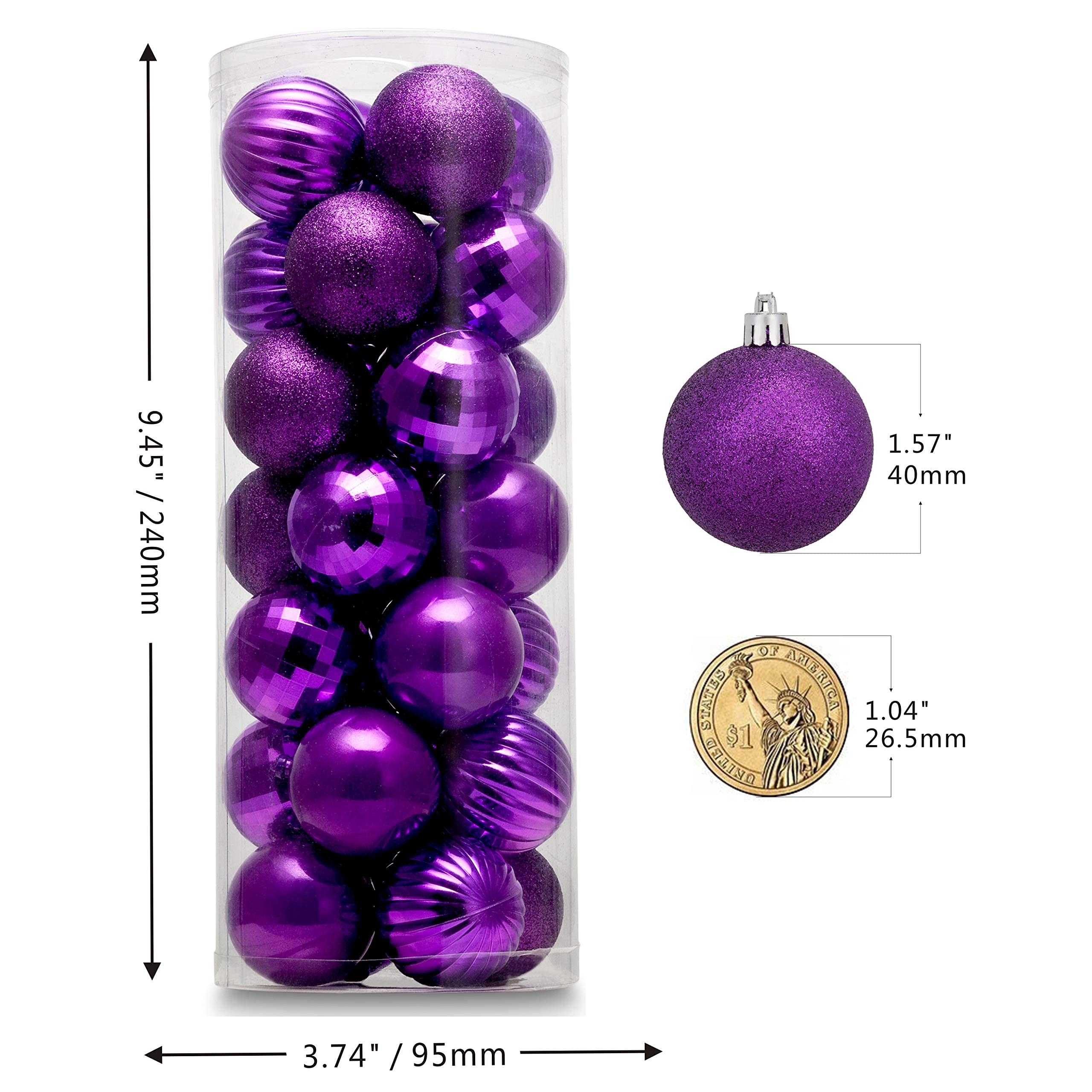 Adornos de Bola de Navidad inastillable 4 cm y 24 CT en 4 Acabados clásicos (Brillante, Brillante, Mate y Pearly Luster) para decoración de árbol de Navidad