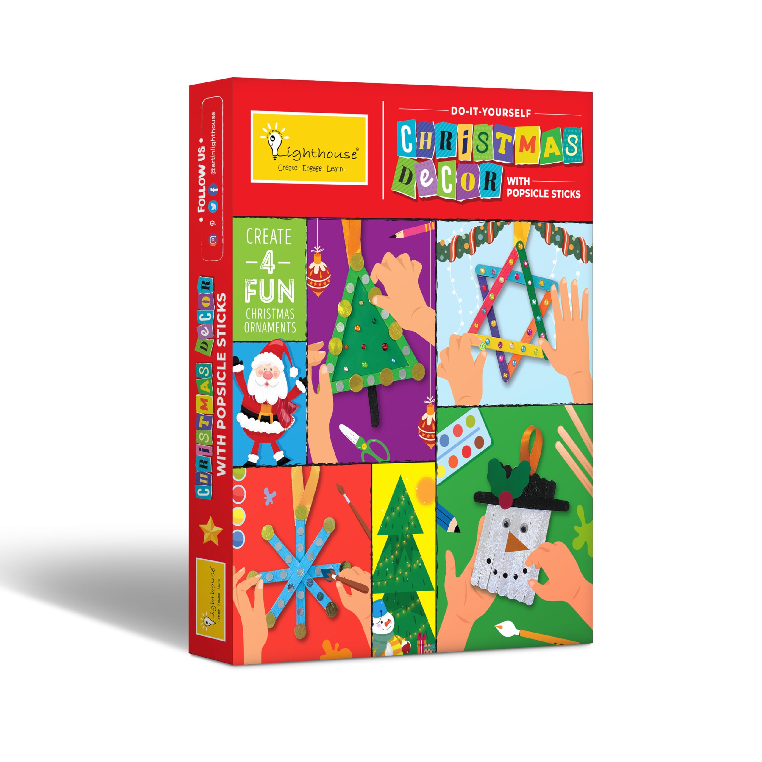 LIGHTHOUSE DIY Popsicle Stick Kit for Kids | Holiday Art & Craft Activity Christmas Kit | Includes 25 Sticks, Paper Cutouts, Mirrors, Sequins & More | Creative Christmas Gift for Kids (Pack of 5)