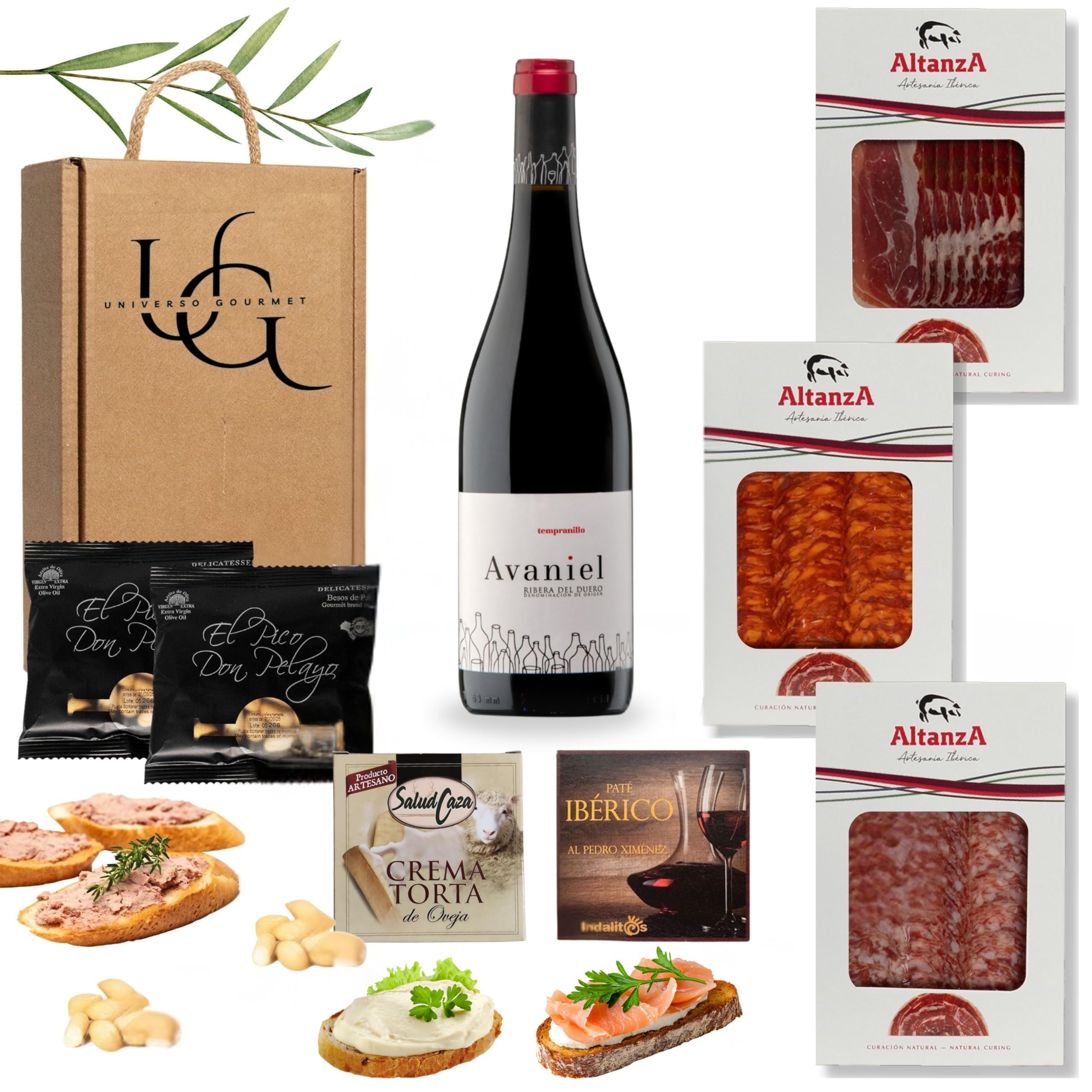 UNIVERSO GOURMET | Cesta Gourmet para Regalar | Vino DO.Ribera | Aceite Oliva Virgen Extra | Embutidos Ibericos Bellota | Paleta Ibérica y Queso Curado | Pate Pedro Ximenez y Picos Pan Artesanos — view 9