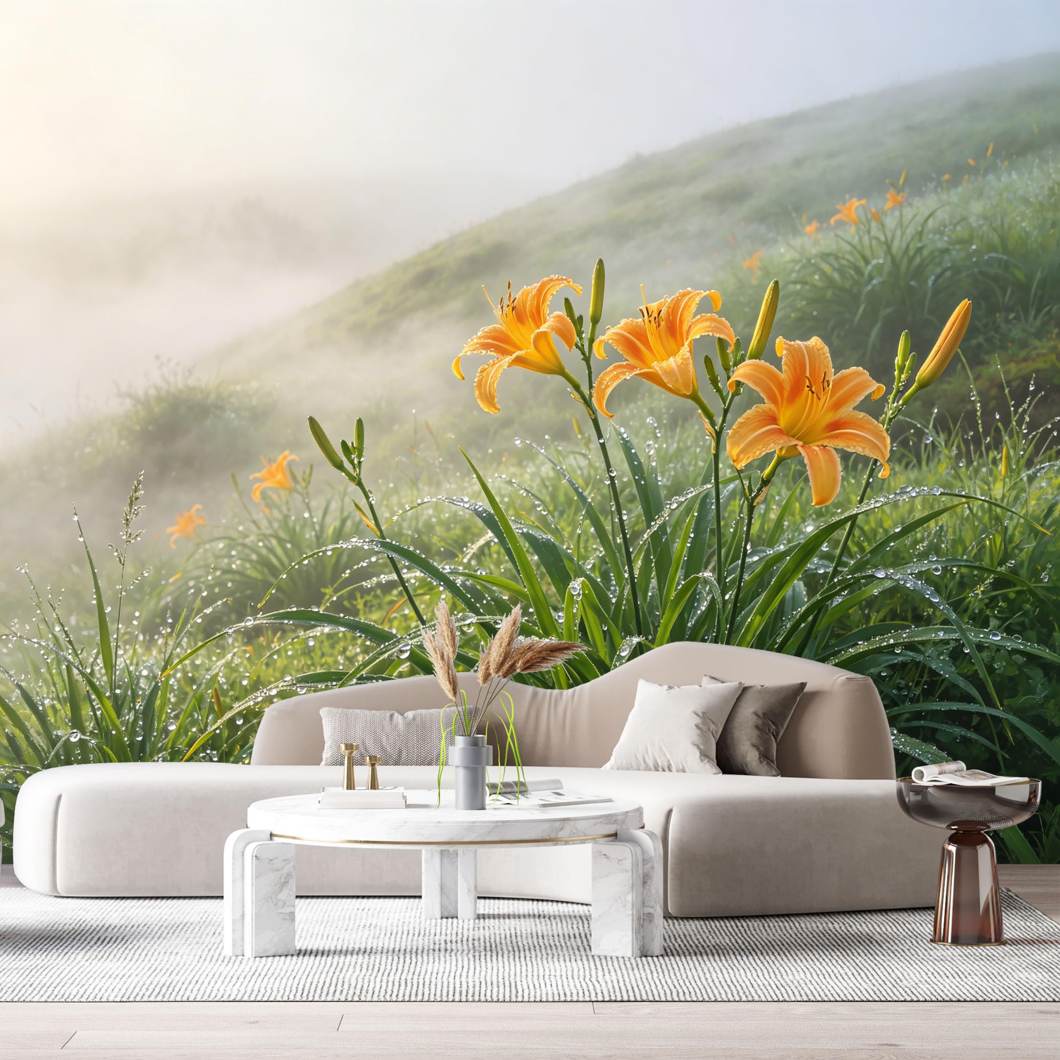 Custom Size Wall Murals Orange Daylily Botanical Watercolor Foggy Mountain Meadow SelfAdhesive Wall Fabric Removable Large Wallpaper for Photo Living Room
