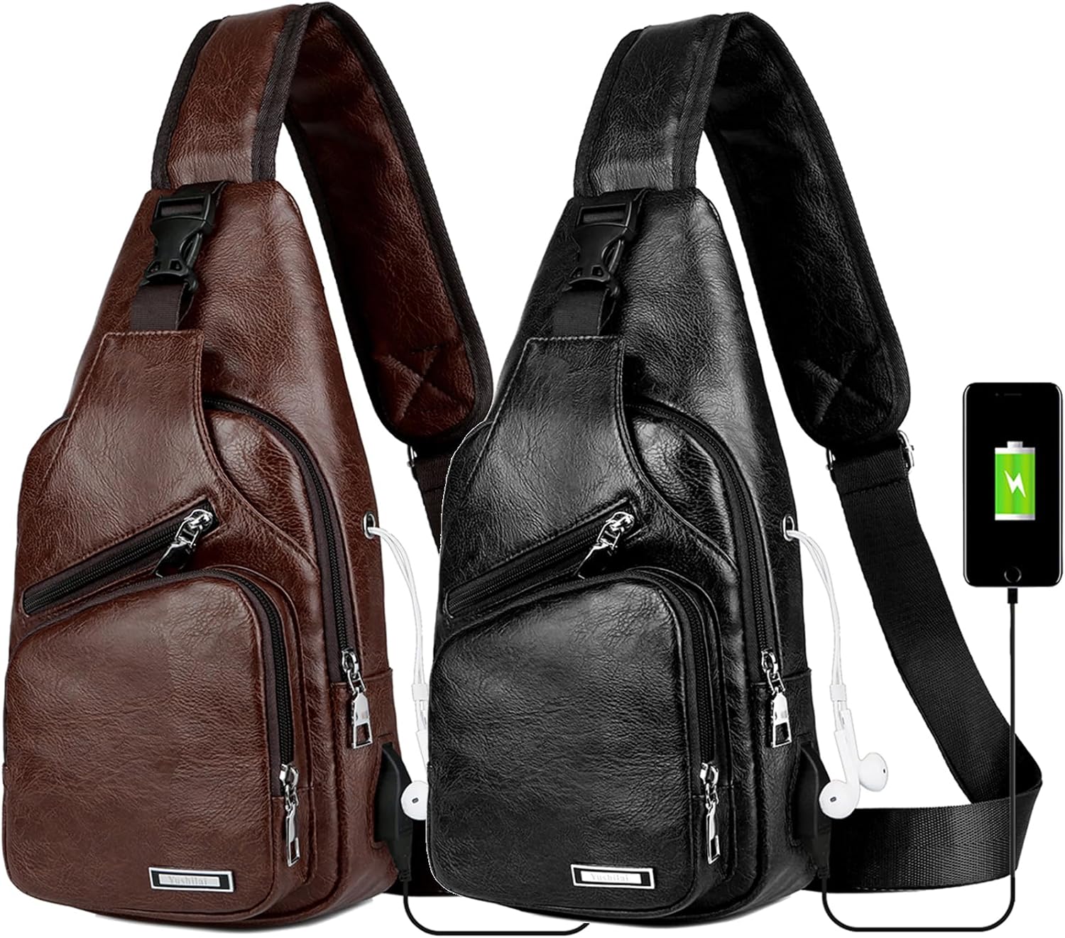 Peicees Pack of 2 Medium Leather Sling Bag Mens Crossbody Bag Chest Bag Sling Backpack for Men with USB Charge Port, Dark Brown&Black
