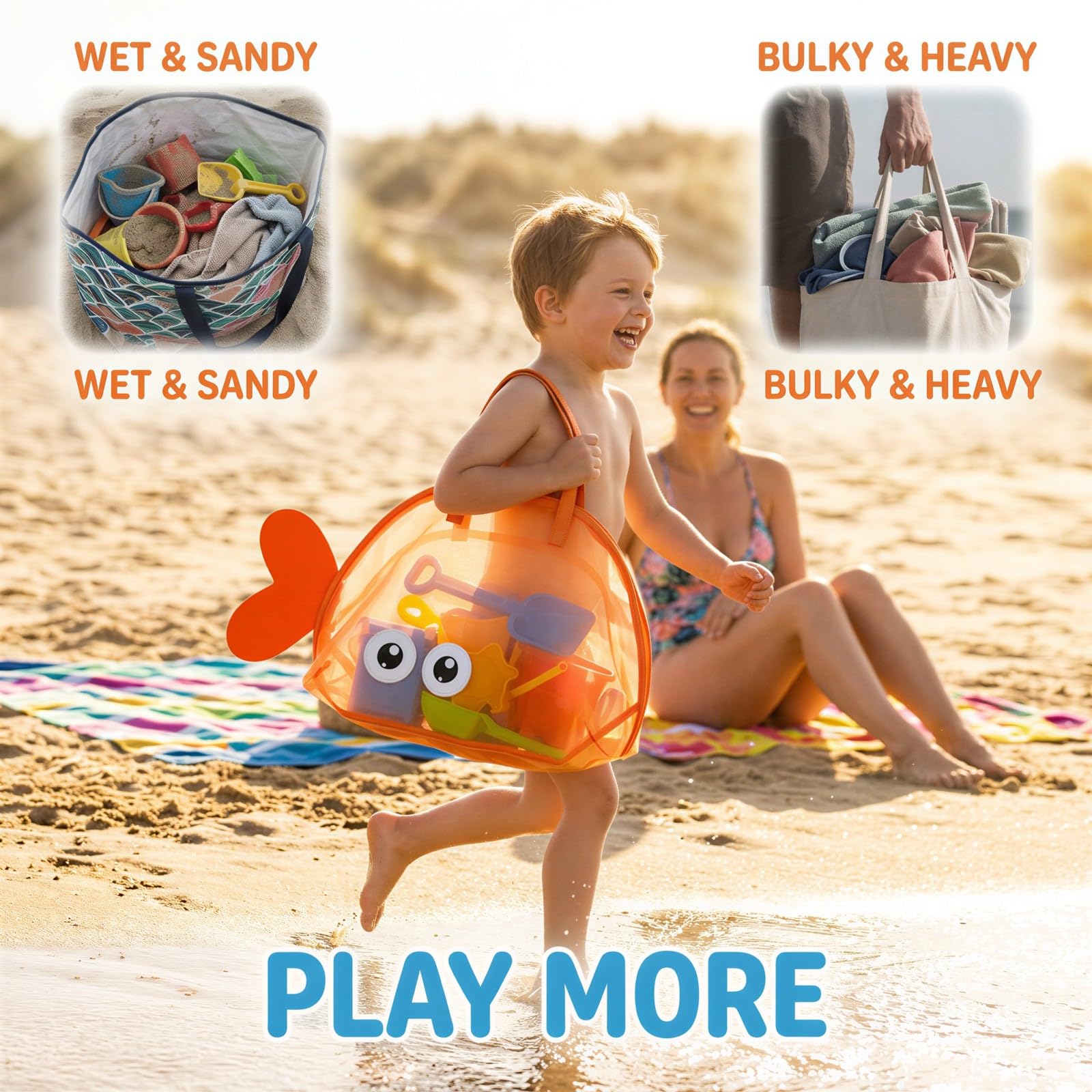 Lot de 2 Sacs de Plage en Forme de Poisson, Grande capacité 46 x 40 x 12 cm, Sac de Rangement en Filet avec Queue pour Jouets de Sable, Natation, Piscine, Vacances au Bord de mer