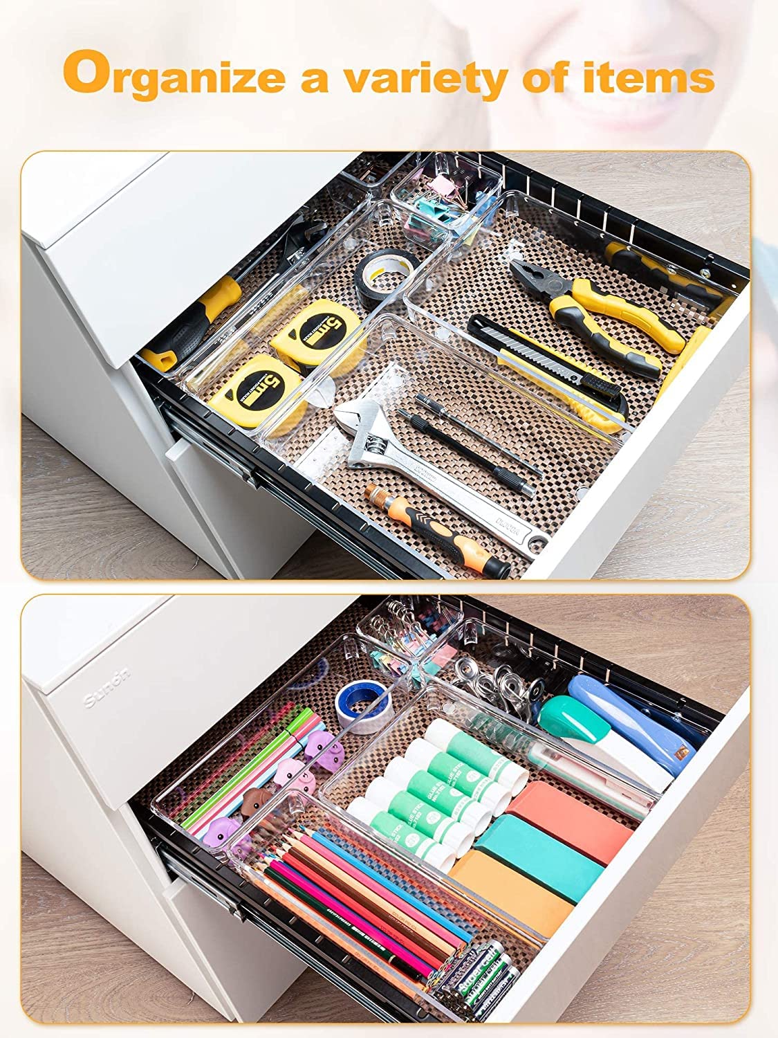 Snazzy 22-Piece Clear Drawer Organizer Trays 7 Sizes Non-Slip Desk Drawer Divider bins 1