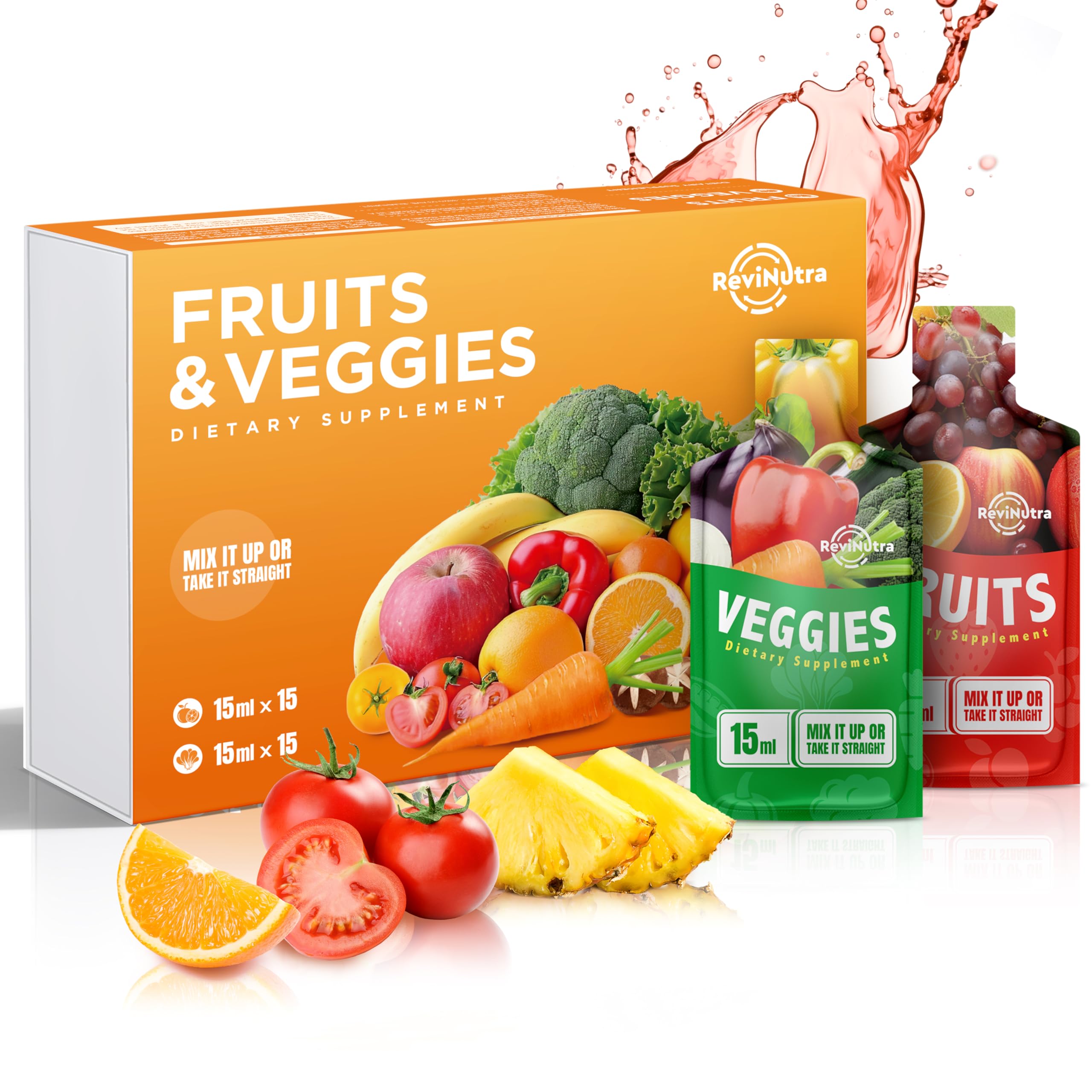 Fruit and Veggies Supplement - 30 Pouches Superfoods & Super Greens for Adults & Kids - Liquid Fruits and Vegetables with Vitamins & Minerals - Support Energy, Detox, Immunity, Digestion & Metabolism