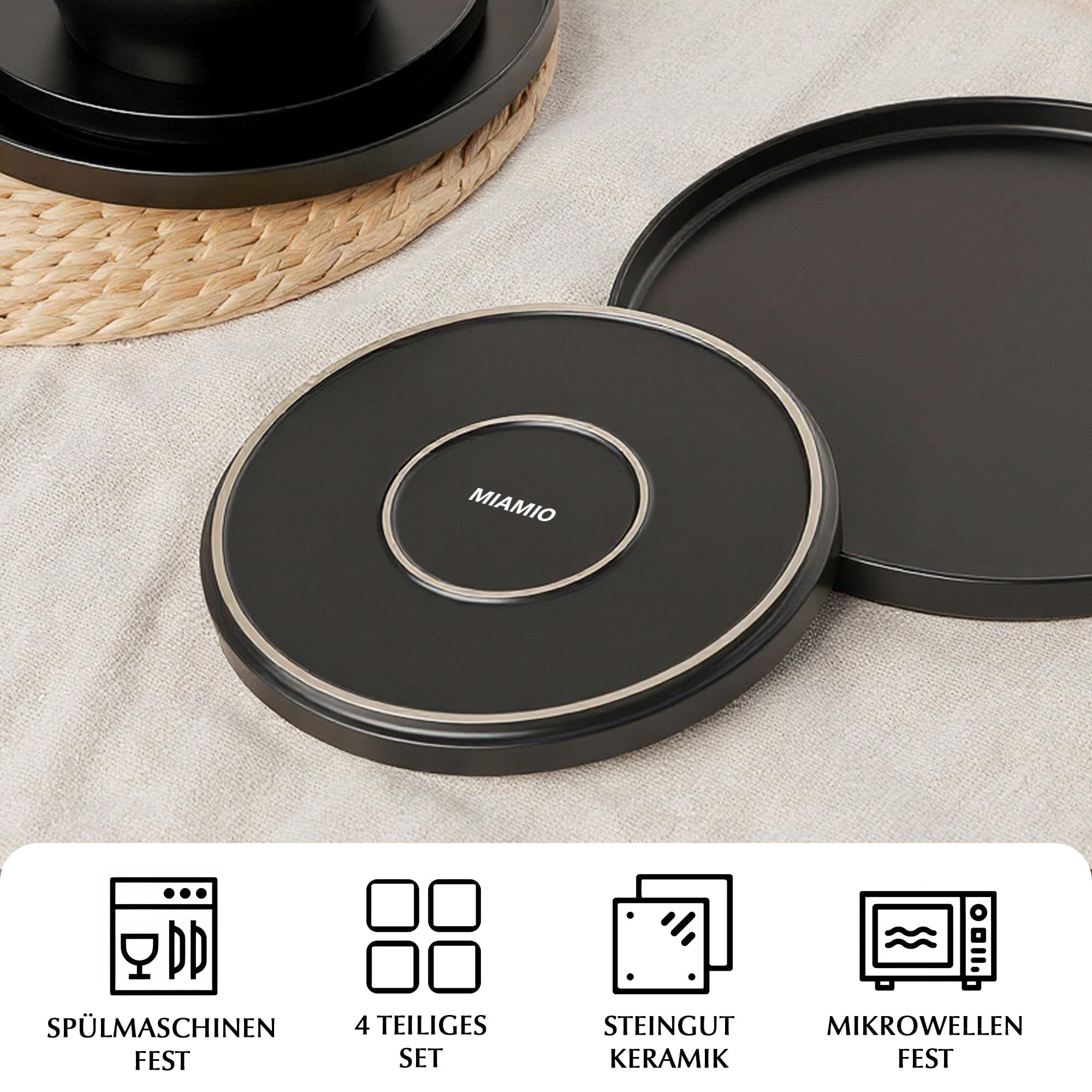 MIAMIO - Teller Set, 4er Set Speiseteller (26 cm) - Luxe (Schwarz) | Modernes Keramik Teller Set, Teller für Hauptspeisen, Große Teller, Steingut Geschirr - spülmaschinenfest