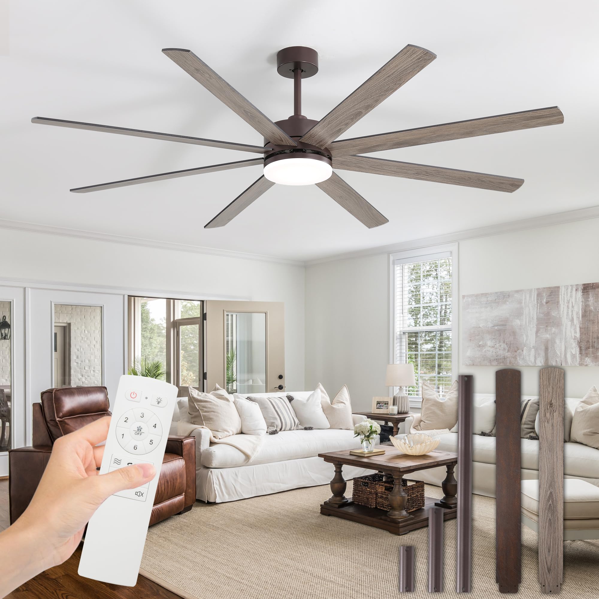 65 Inch Ceiling Fan with Light and Remote,8 Blade 6 Speed Reversible Quiet DC Motor,Bedroom, Modern Ceiling Fan with Living Room,Library,Cafe,Outdoor/Industrial, Walnut.
