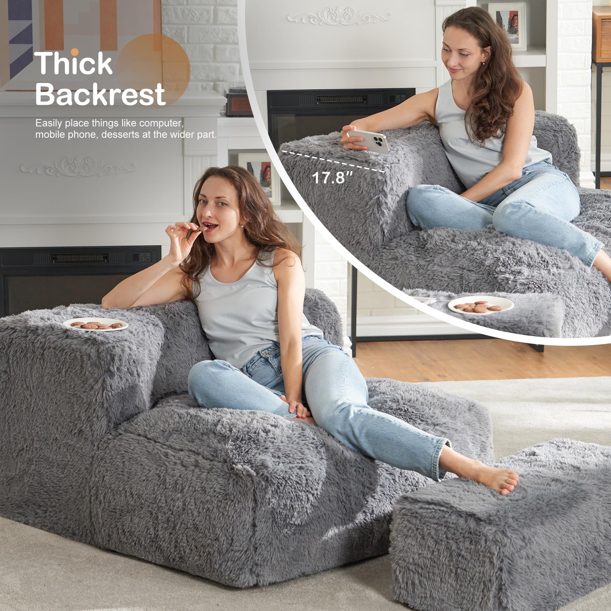 Grey Bean Bag Scrunchie Lounge Chair Bean Bag Sofa Chair With