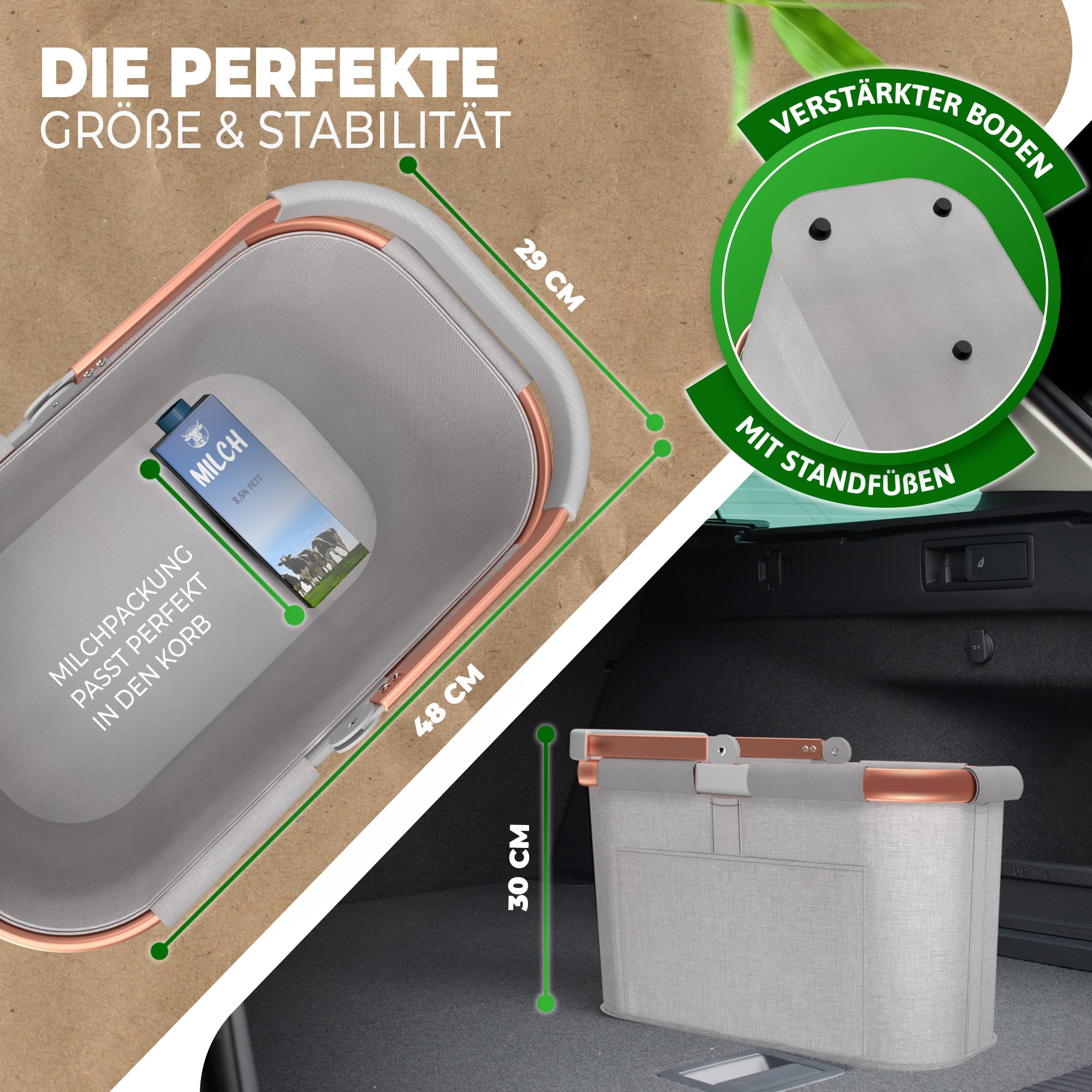 Cottara 30l stabiler Einkaufskorb groß | Tragekorb mit Henkel und verstärktem Boden, Frontfach und Innentasche mit Reißverschluss | Ideal als Einkaufstasche, Picknickkorb oder Shopper (Hellgrau Rose)