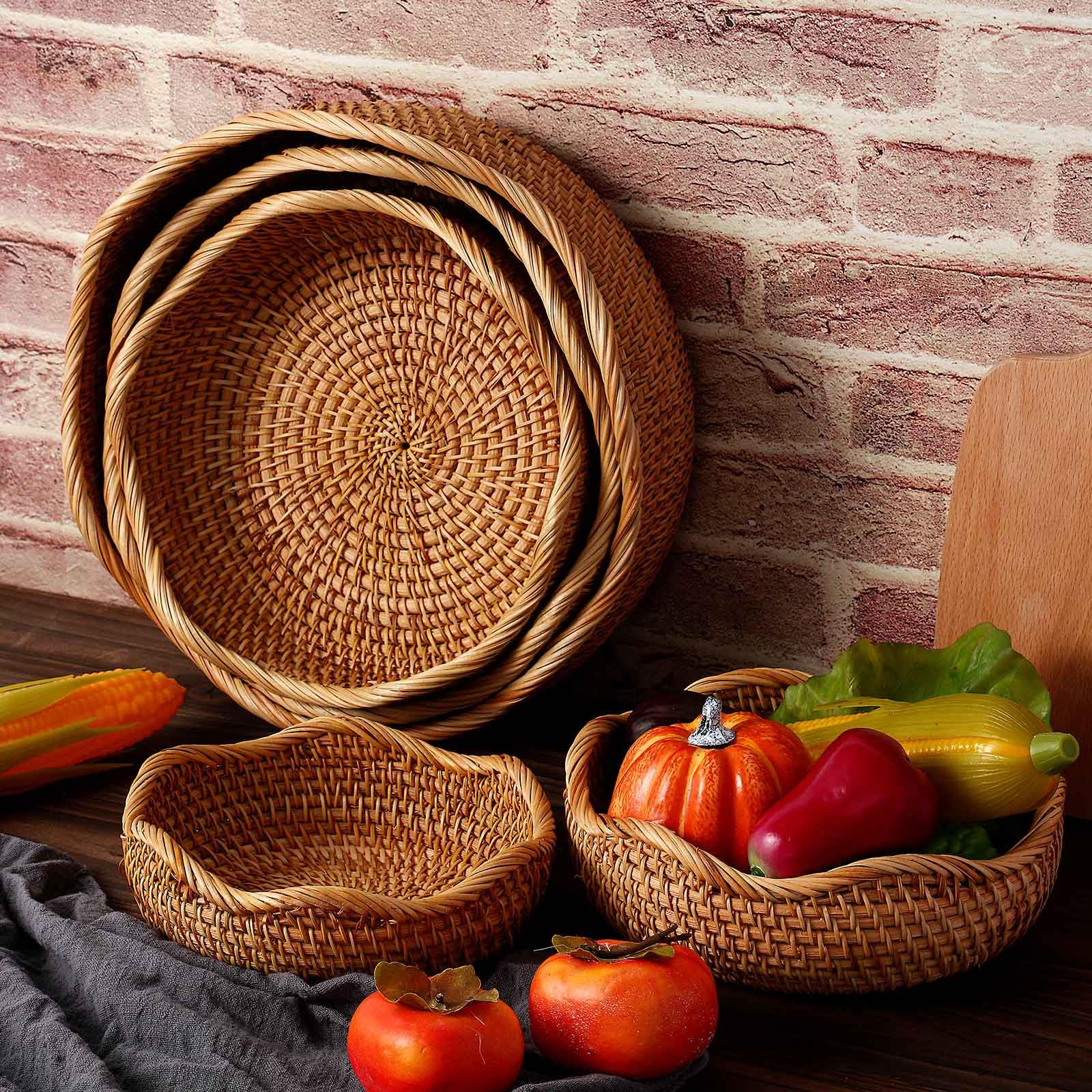 Layhit 5 Pcs Round Rattan Basket Bread Baskets for Serving Natural Wicker Bowl Basket Woven Fruit Storage Baskets for Home Countertop Kitchen Party Organizing, 5 Sizes - Image 4
