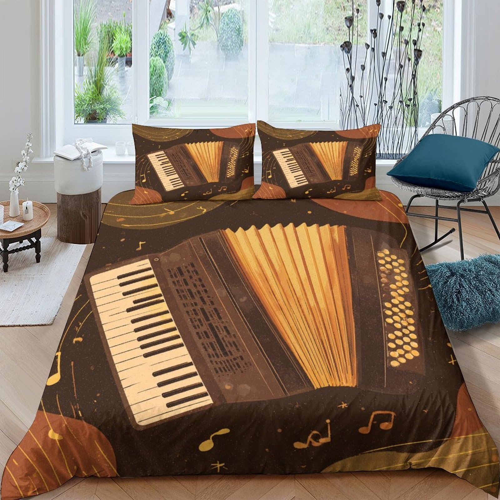 Ctjqhvkz Style-4 3D Printed Accordion Music Fitted Sheet Microfiber Soft Brown Retro Instrument Bed Cover Bedroom Decor Single（135X200cm）