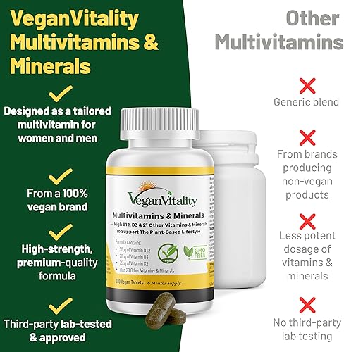 Miniatura 3 de Multivitamínicos y minerales veganos con vitamina B12, D3 y K2. 180 tabletas multivitamínicas - suministro de 6 meses. Vitaminas para veganos y