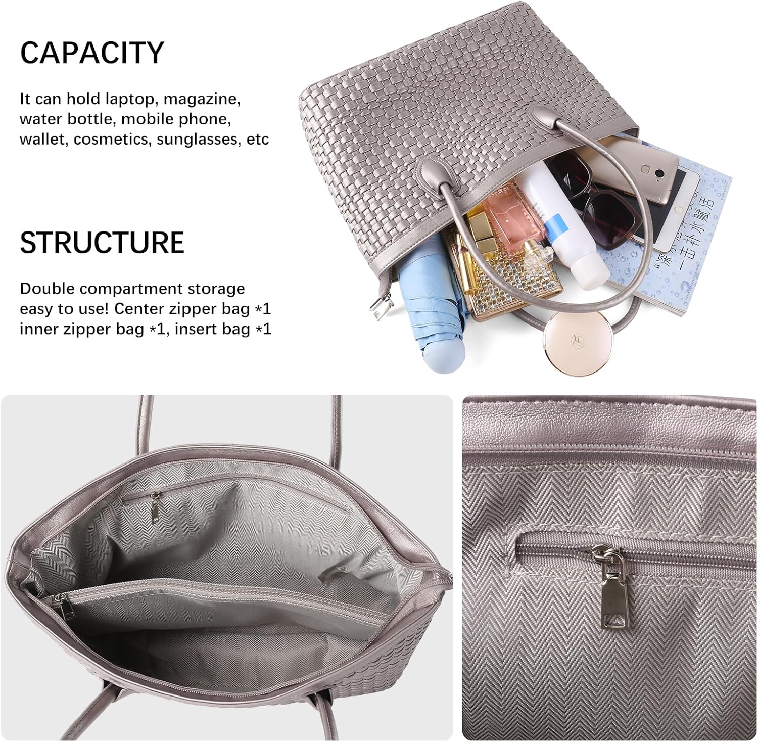 Woven Tote Bag For Women Hand Make Vegan Leather Shoulder Bag Handbag Zip Closure Beach Tote Travel Hand Bag