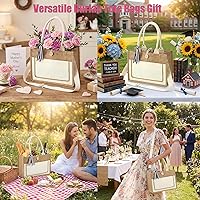 Vista 7 de Silkfly Paquete de 12 bolsas de arpillera, bolsas de regalo de yute reutilizables con asas, bolsa de playa impermeable para compras de boda, Blanco