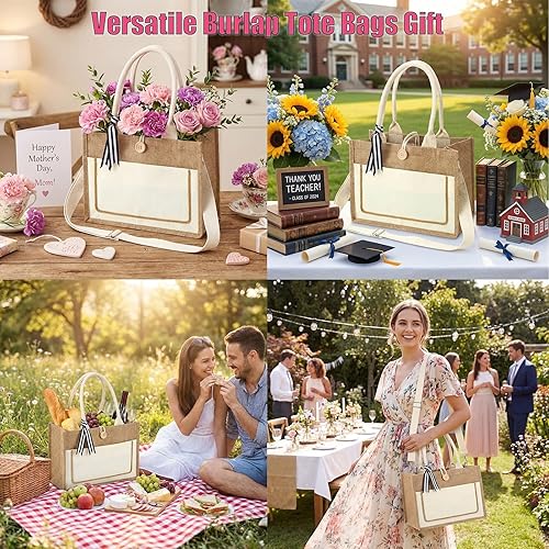 Miniatura 7 de Silkfly Paquete de 12 bolsas de arpillera, bolsas de regalo de yute reutilizables con asas, bolsa de playa impermeable para compras de boda, Blanco