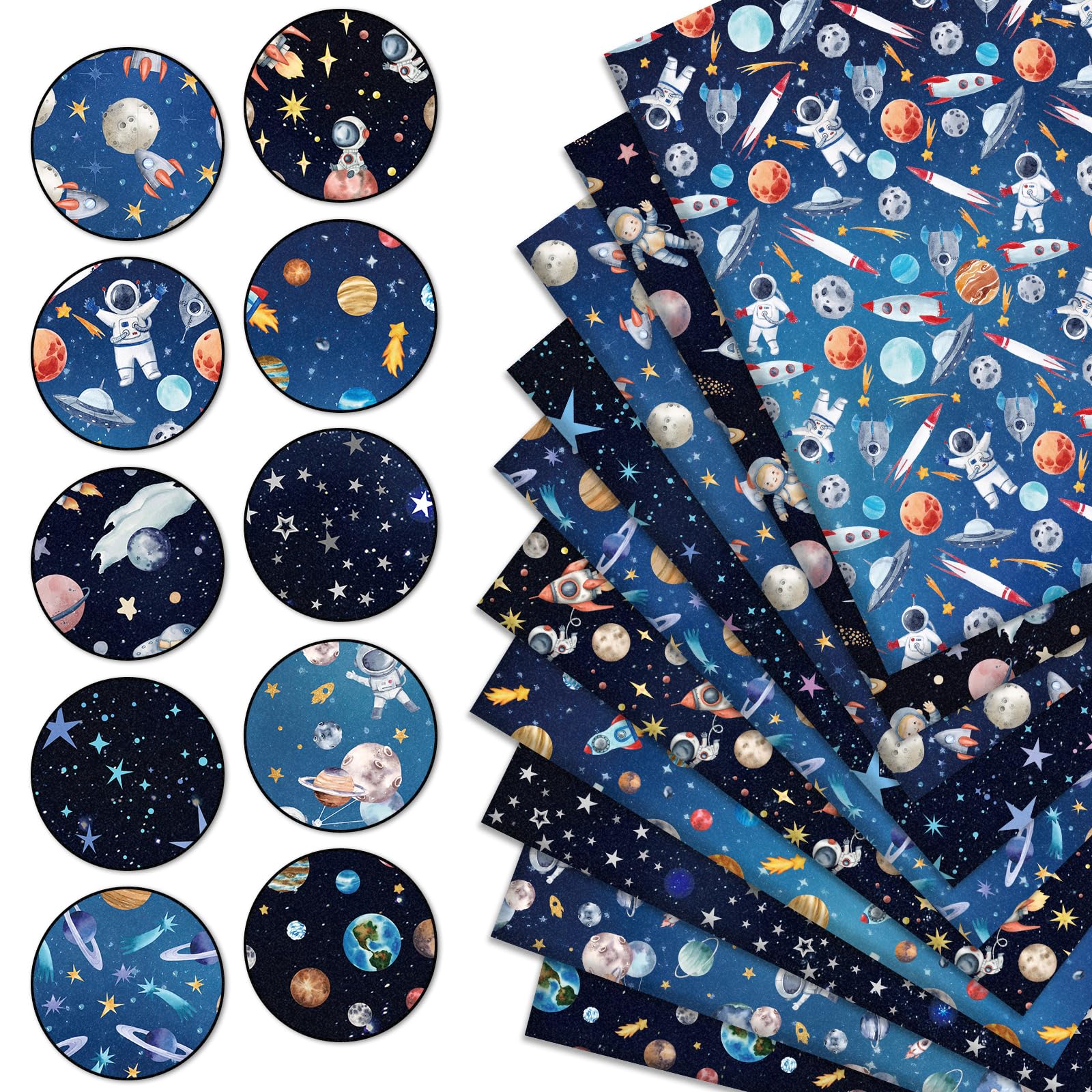 FYSUIMU 10 Stück Weltraum-Baumwollstoffbündel Astronaut Rakete Sterne Fat Quarters Galaxy Quilten Patchwork für DIY Nähen Handwerk Dekor, 45,7 x 55,9 cm