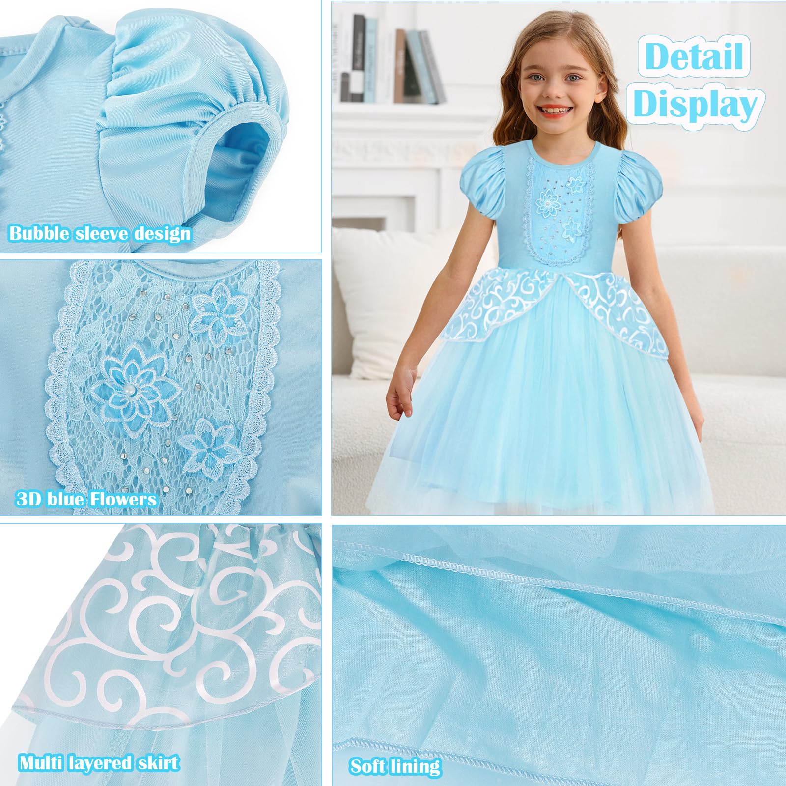 Berich Blue Princess Dress for Girls Dress up with Headband Kids Halloween Outfits Christmas Gifts World Book Day Costumes Princess Costumes for Girls 4-5 Years(Blue,110) - Image 2
