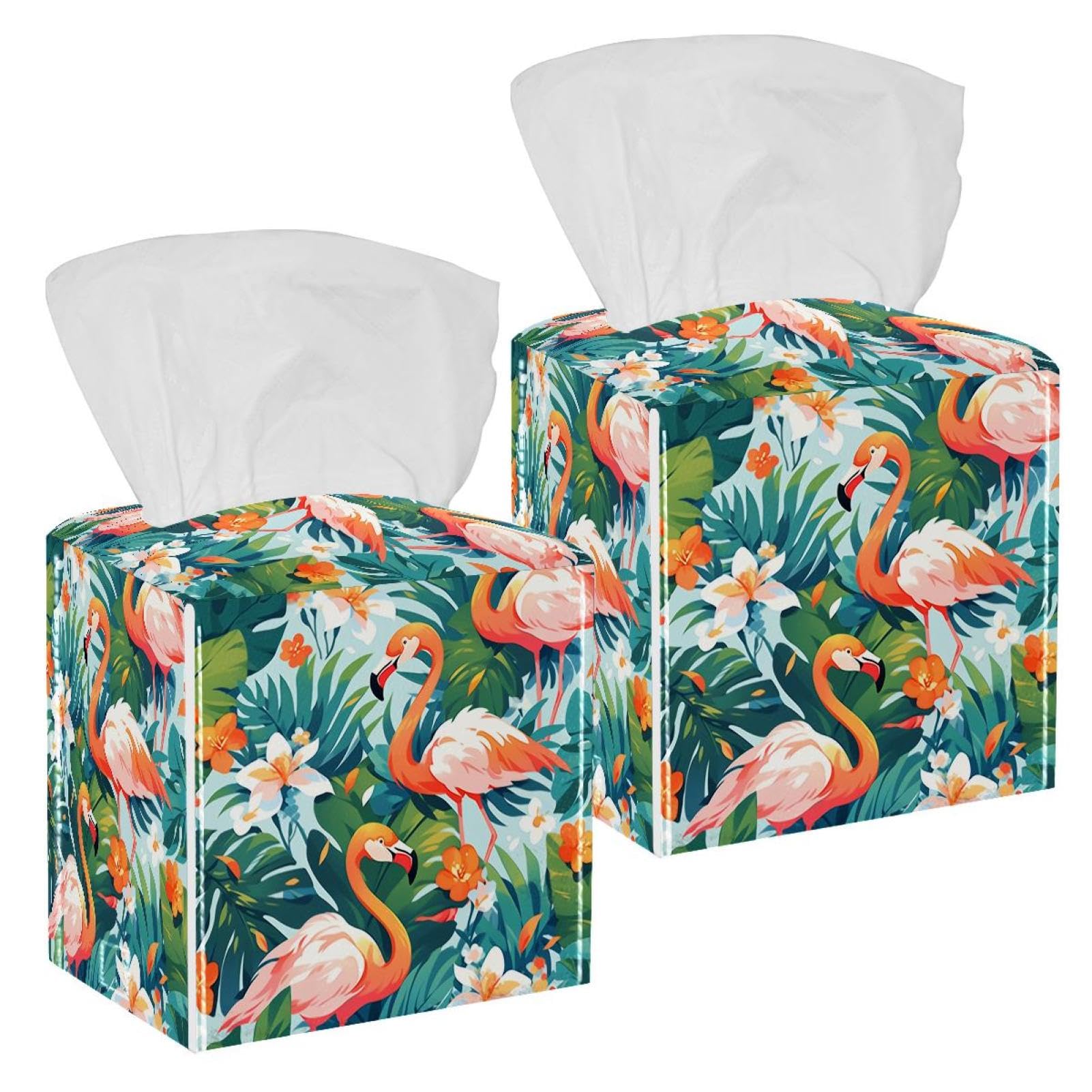 Tropical Jungle Flamingo Tissue Box Cover, 2 Pack PU Leather Square Facial Tissue Dispenser Box holder for Home Office Car