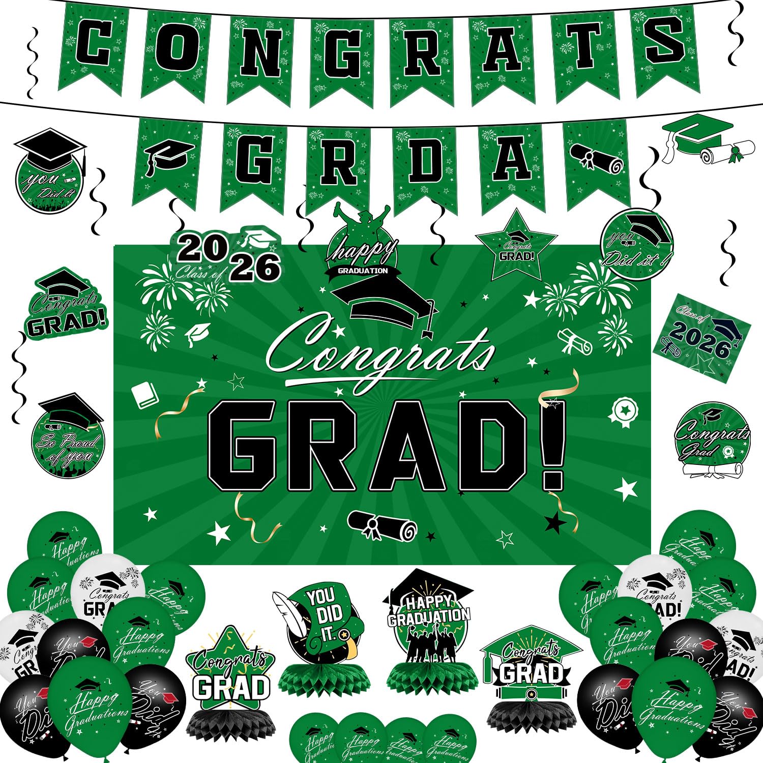 Graduation Decorations 2026 Set - Green Themed Congrats Grad Banner, Backdrop, Hanging Swirls, Balloons - Complete Party Supplies for High School,