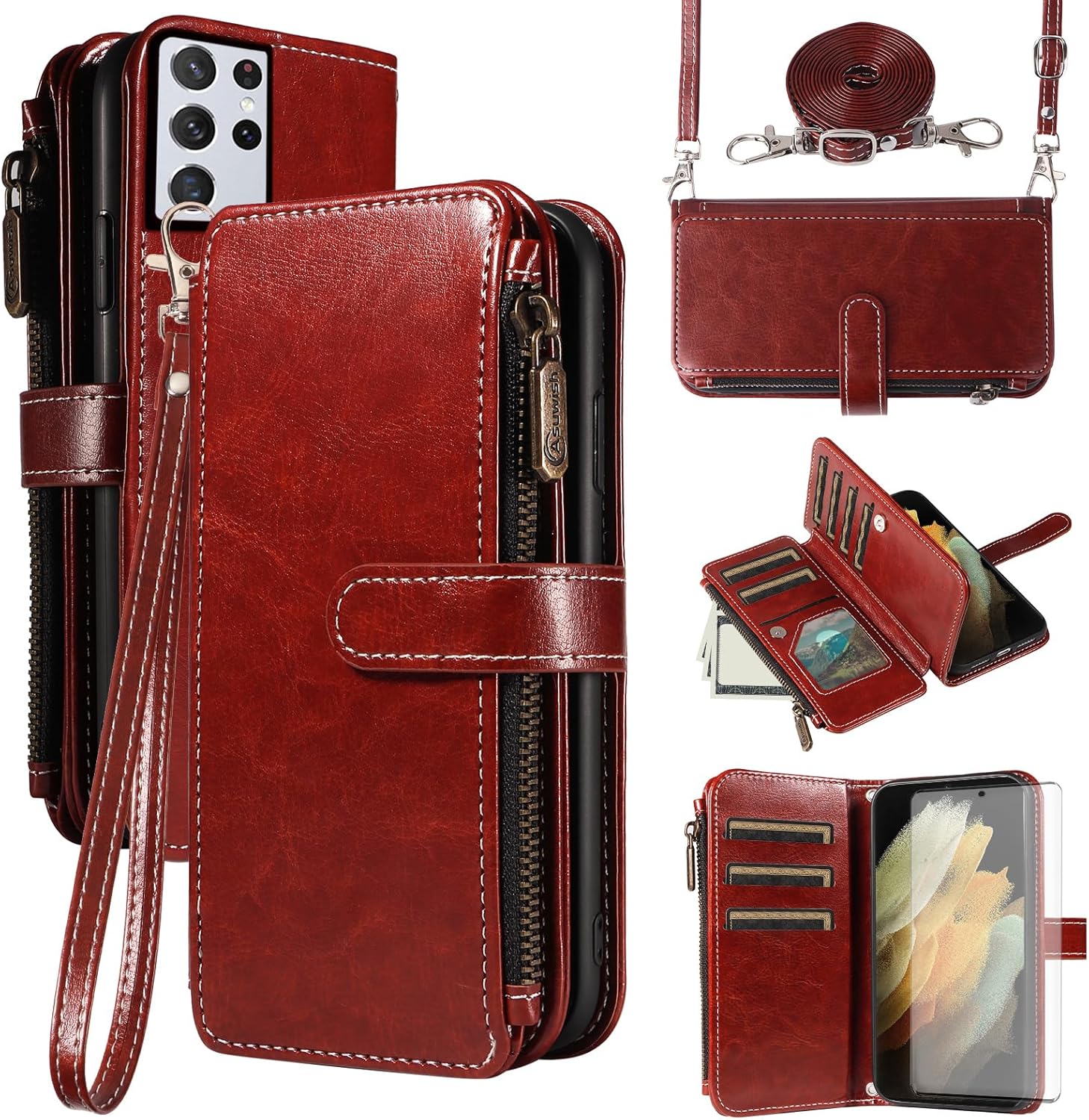 Asuwish Phone Case for Samsung Galaxy S21 Ultra 5G Cover with Tempered Glass Screen Protector and Lanyard Zipper Wallet Card Holder Slot Stand Cell Accessories S21ultra 21S S 21 21ultra G5 Men Brown