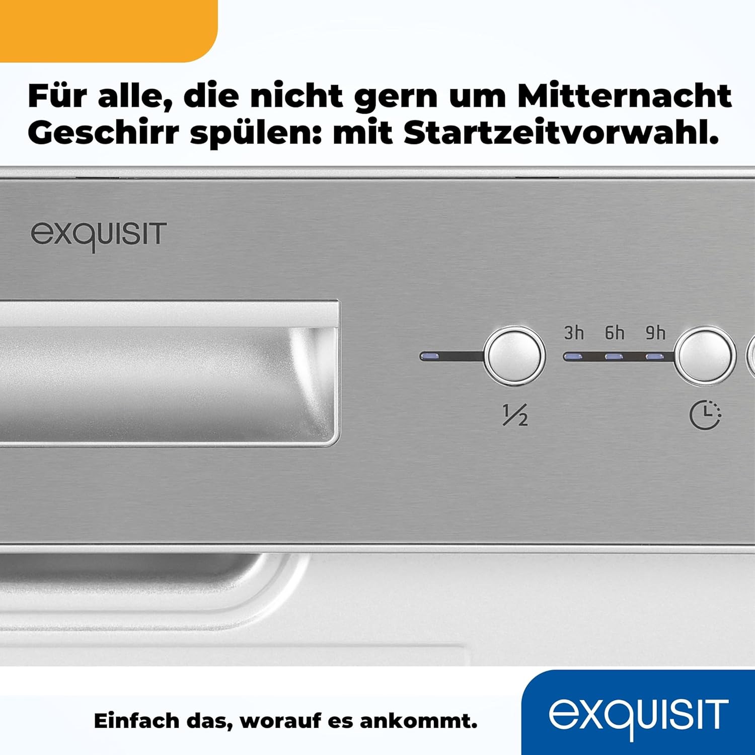 Close-up of the dishwasher control panel with delay start options