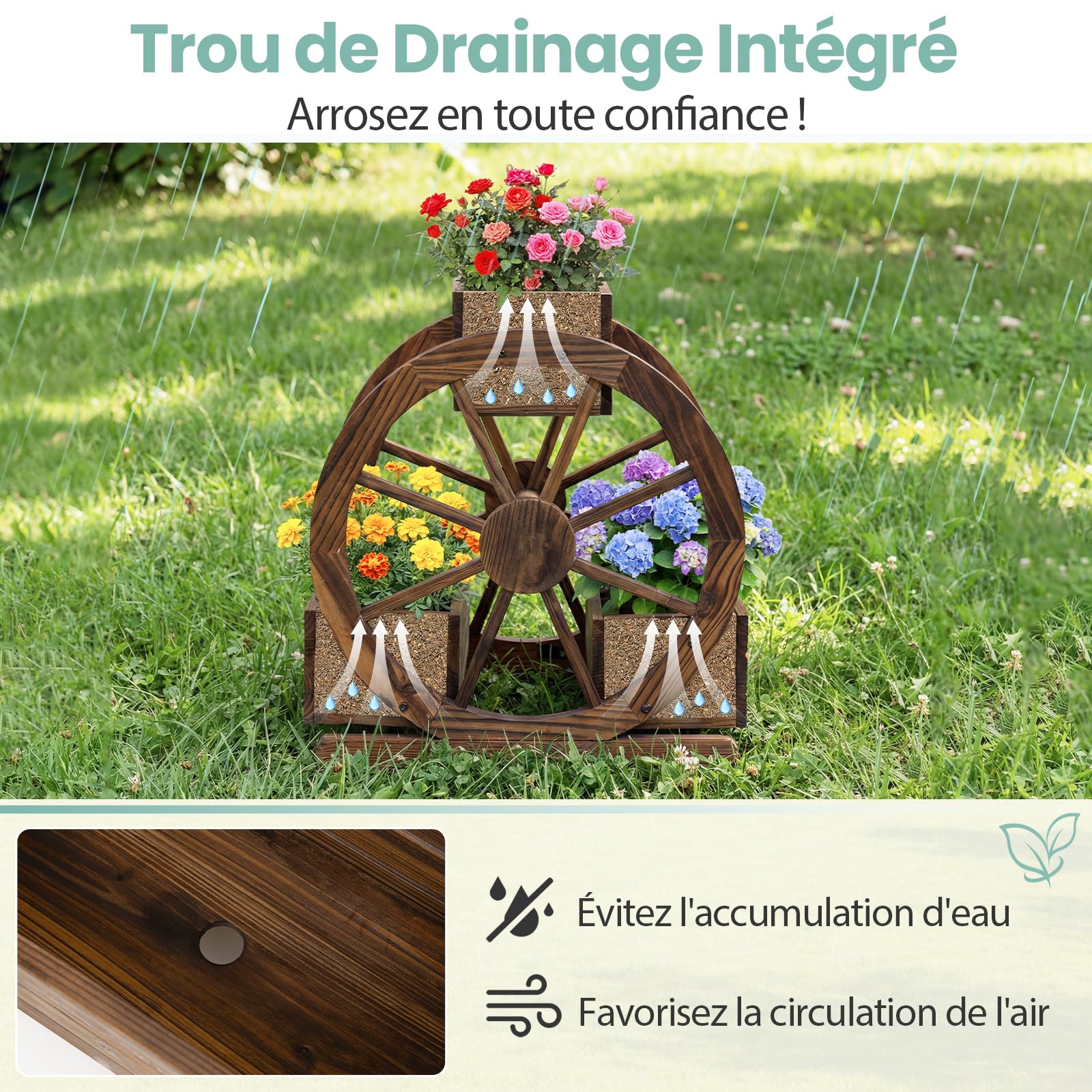 COSTWAY Jardinière Surélevée à 2 Niveaux, 3 Bacs à Plantes en Bois en Forme de Chariot avec Trous de Drainage et Roues, Lit de Jardin Pots de Fleurs pour Patio Balcon, 61,5 x 55 x 62 cm