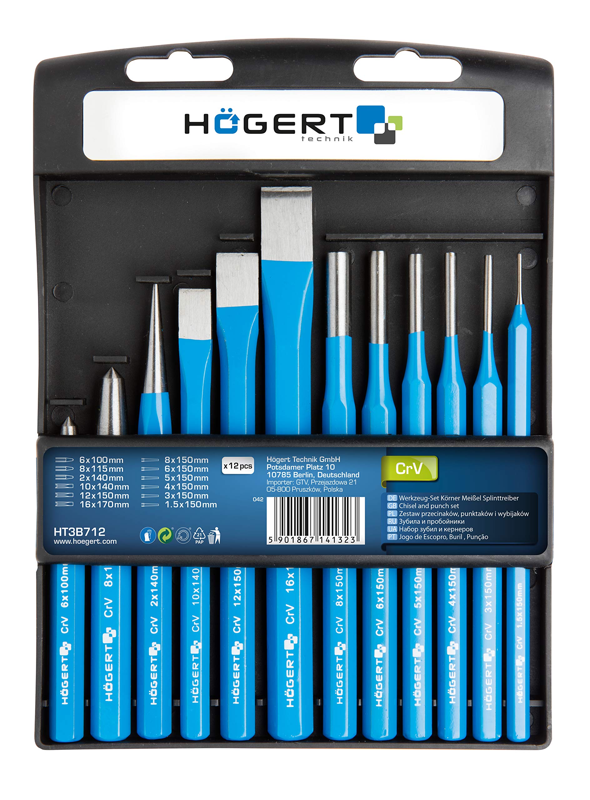 Högert Technik Black/Blue Högert Ht3b712 Technical Set Of Chisels, Hallmarking Iron And Pin Punch